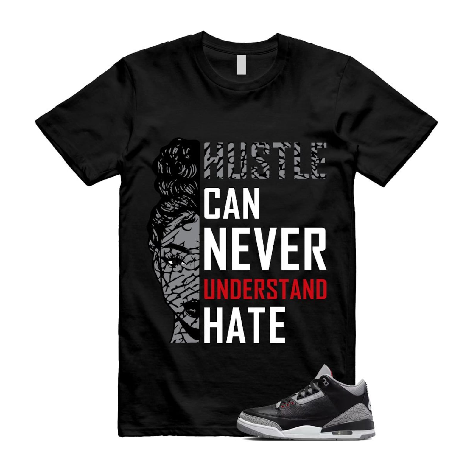 3 Black Cement Grey Fire Red Sail 2024 T Shirt Match HUSTLE ,DN3707-010 T-Shirt, Sneaker Match Tee