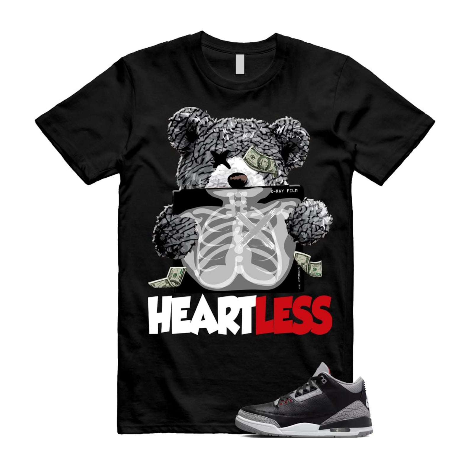 3 Black Cement Grey Fire Red Sail 2024 T Shirt Match HEART ,DN3707-010 T-Shirt, Sneaker Match Tee