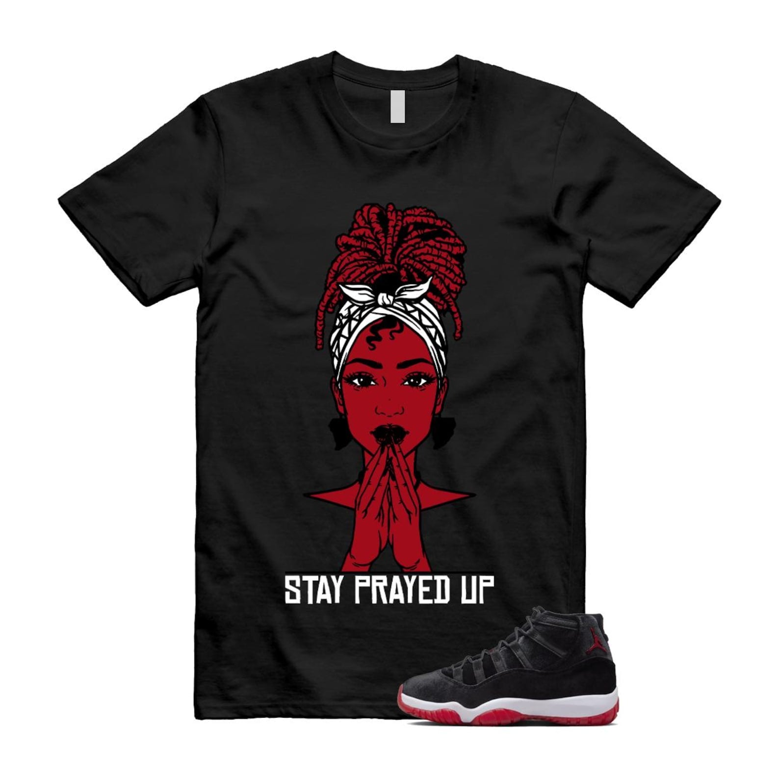 11 Bred Velvet Black Gym Red White T Shirt Match PRAY ,DB5457-061 T-Shirt, Sneaker Match Tee