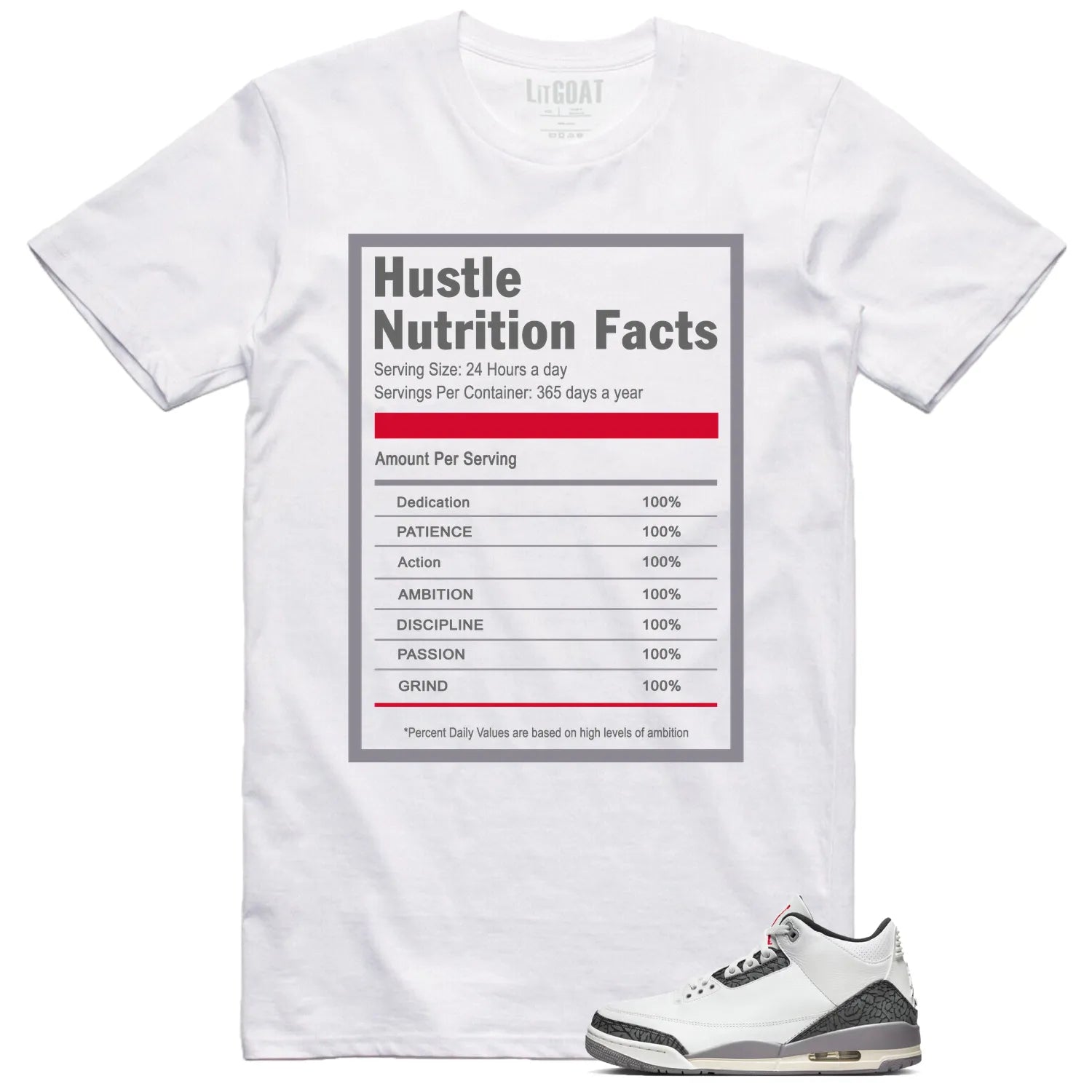 Air Jordan 3 Retro "Cement Grey" Matching T-shirt Hustle Facts CT8532-106 T-Shirt, Sneaker Match Tee
