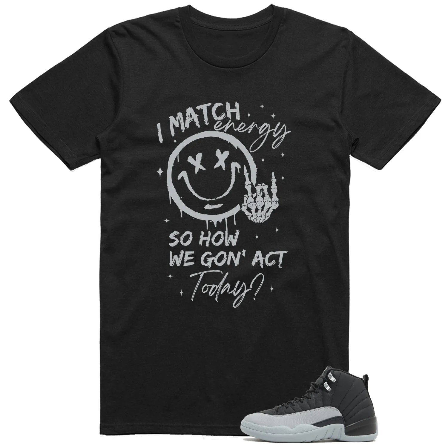 Jordan 12 Retro Barons Black/Wolf Grey-White Matching Tee Shirt – Match Energy CT8013-010 T-Shirt, Sneaker Match Tee
