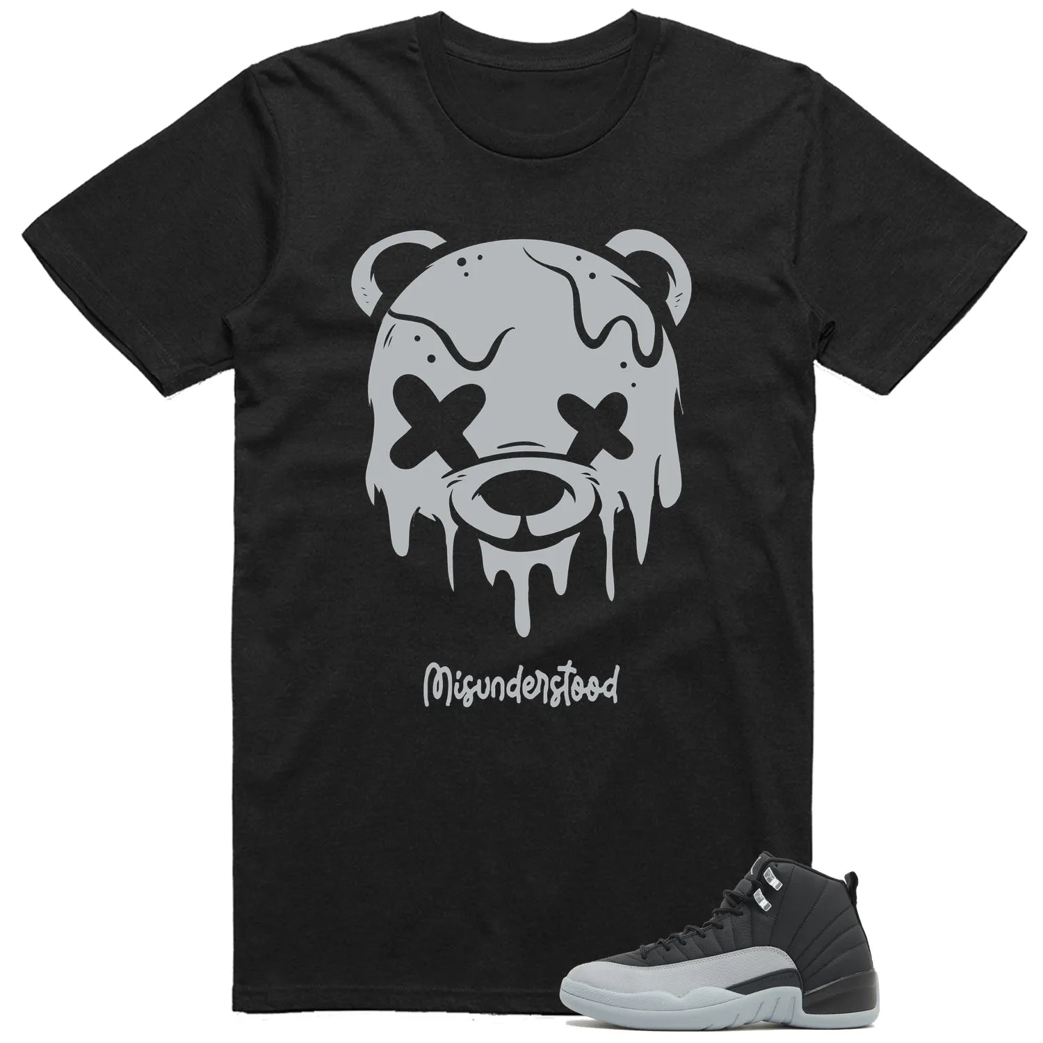 Jordan 12 Retro Barons Black/Wolf Grey-White Matching Tee – Drippy Bear Graphic CT8013-010 T-Shirt, Sneaker Match Tee