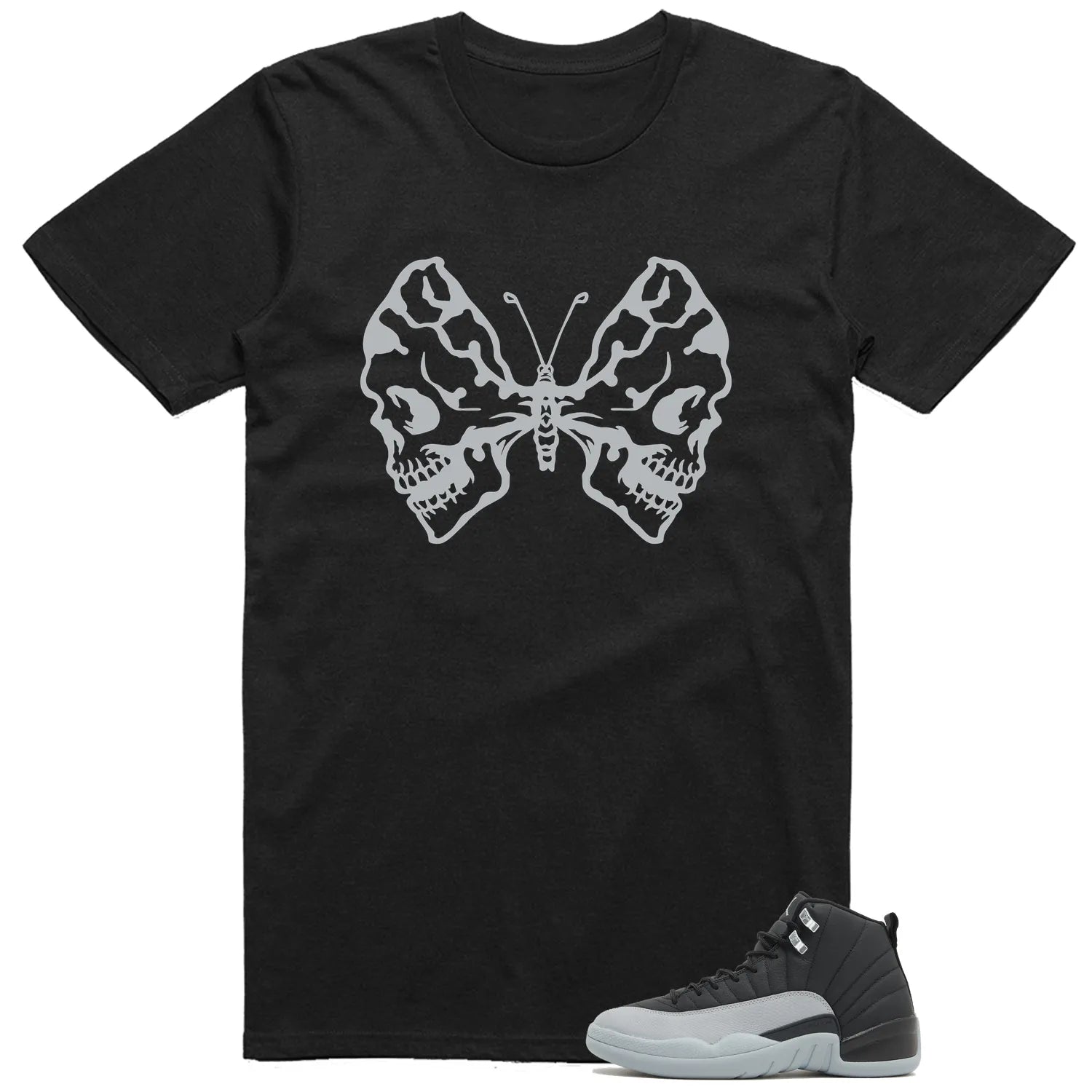 Butterfly Skulls Shirt for Jordan 12 Retro Barons Black/Wolf Grey-White Fans CT8013-010 T-Shirt, Sneaker Match Tee