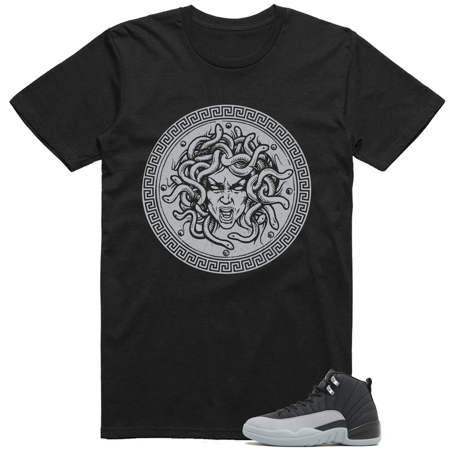 Medusa Tee for Jordan 12 Retro Barons Black/Wolf Grey-White Kicks CT8013-010 T-Shirt, Sneaker Match Tee