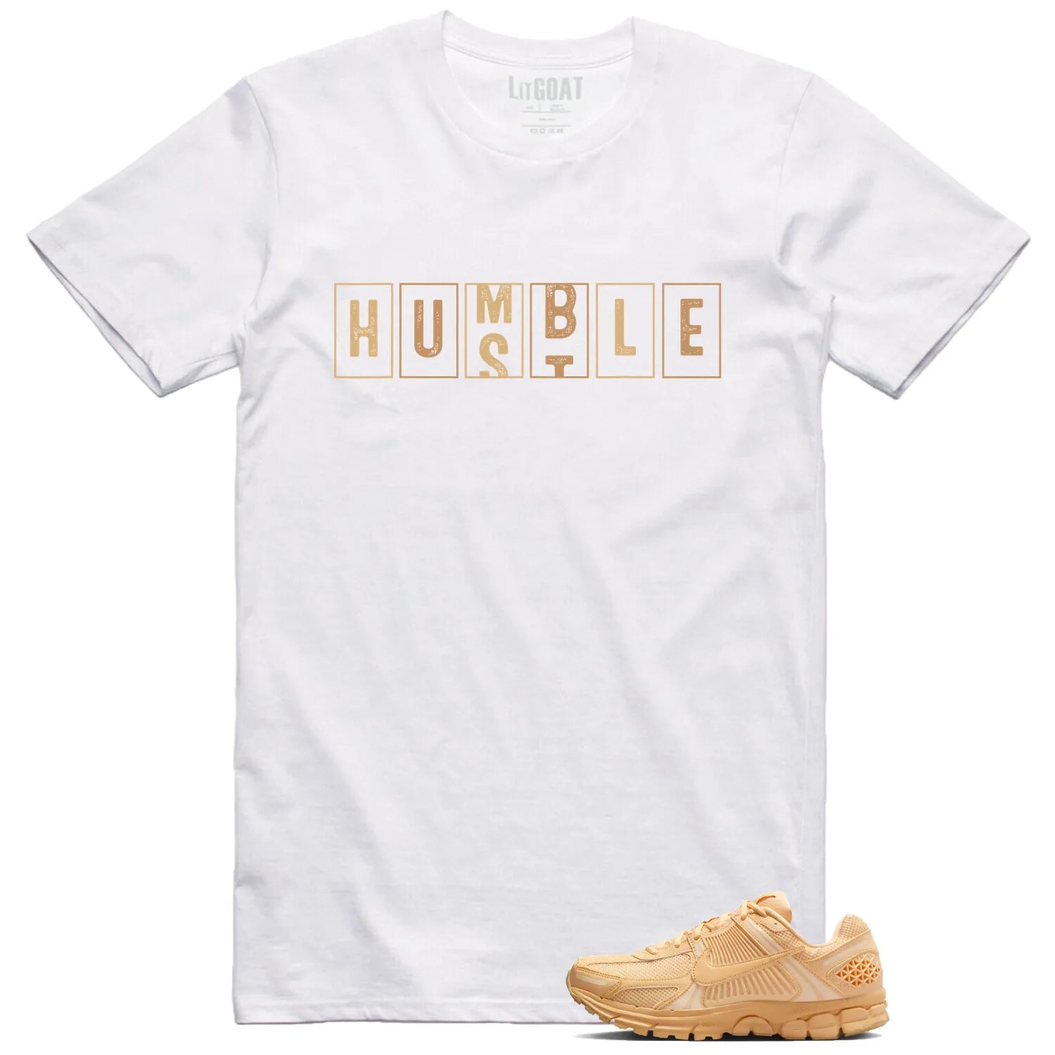 Air Zoom Vomero 5 Celestial Gold Matching T-shirt Humble Hustle HF5493-200 T-Shirt, Sneaker Match Tee