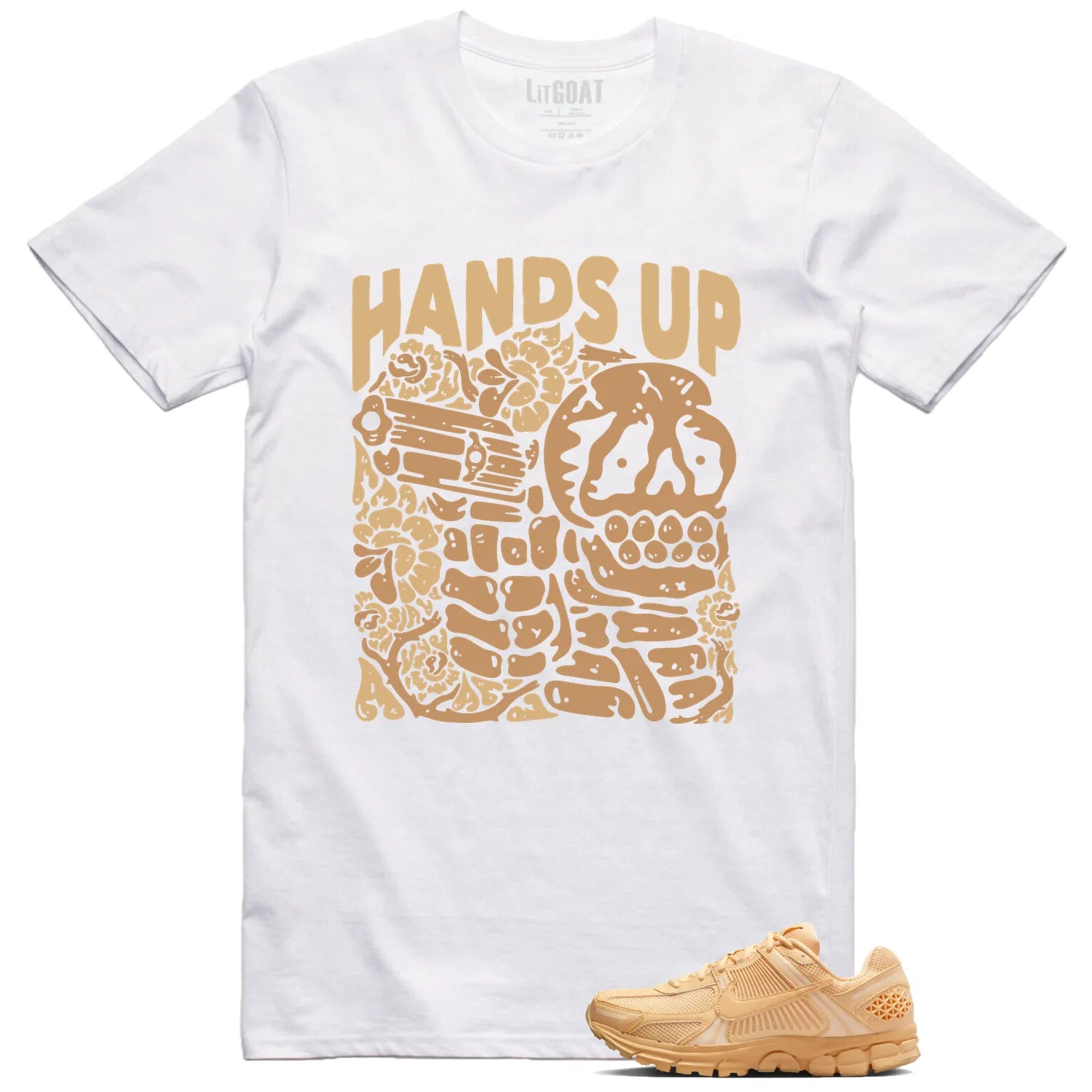 Air Zoom Vomero 5 Celestial Gold Matching T-shirt Hands Up HF5493-200 T-Shirt, Sneaker Match Tee