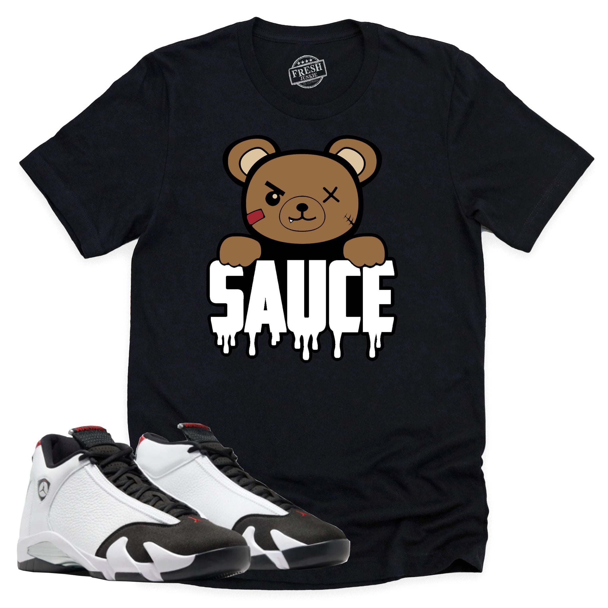 Sauce Shirt, Air Jordan 14 Black Toe Shirt Match Sneaker ,487471-160 T-Shirt, Sneaker Match Tee