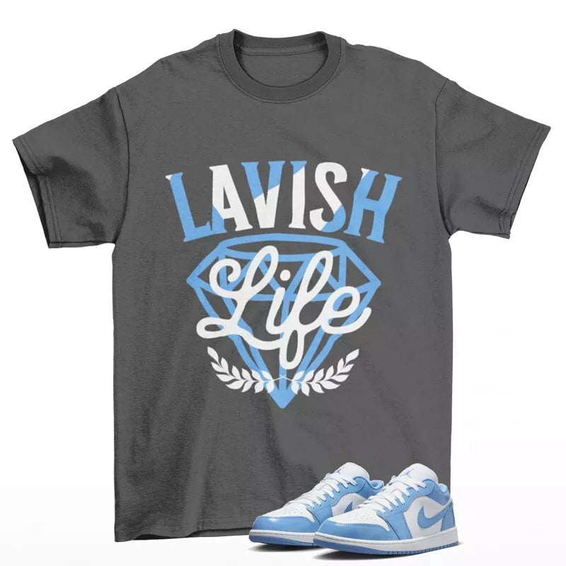 Lavish Sneaker Shirt Grey to Match Jordan 1 Low White Legend Blue FZ2138-114 T-Shirt, Sneaker Match Tee