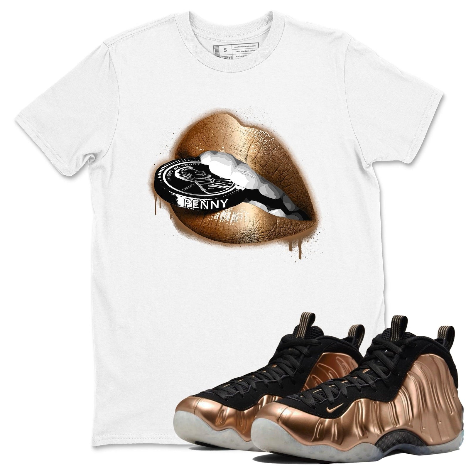 Lips Coin T-Shirts To Match Jordans Streetwear Air Foamposite One Metallic Copper, FZ9902-001 T-Shirt, Sneaker Match Tee