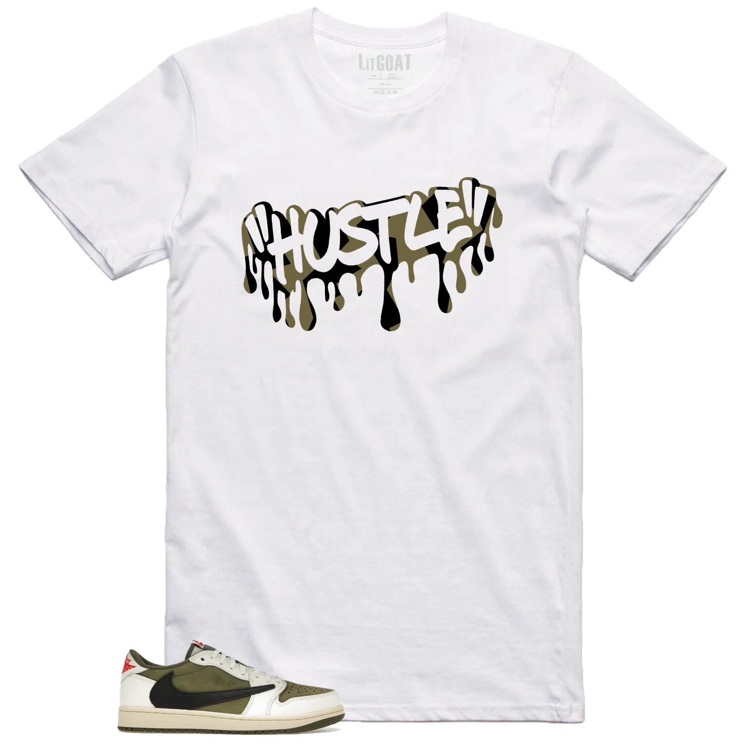 Hustle Drip Tee Matching Jordan 1 Low x Travis Scott Medium Olive DM7866-200 T-Shirt, Sneaker Match Tee