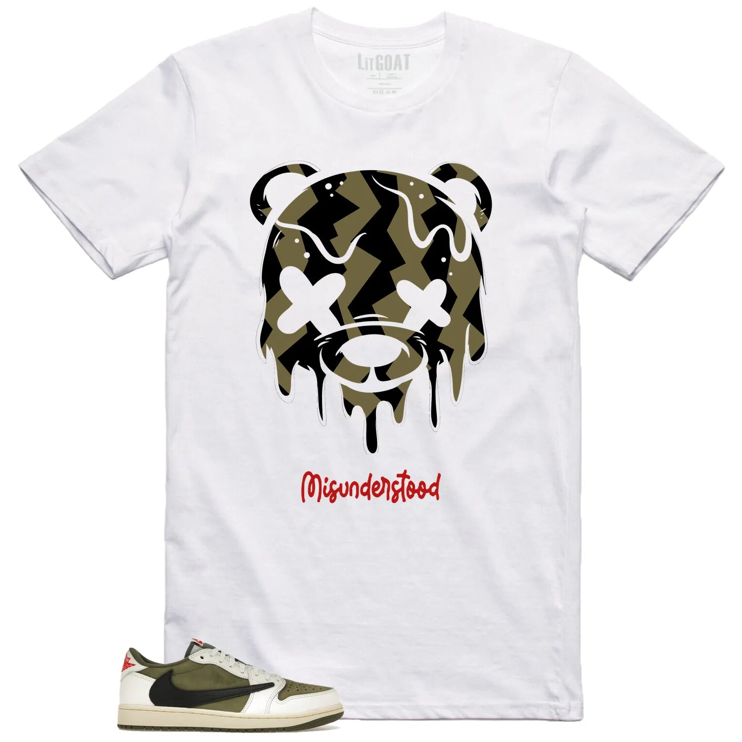 Jordan 1 Low x Travis Scott Medium Olive Matching Tee  Drippy Bear Graphic DM7866-200 T-Shirt, Sneaker Match Tee