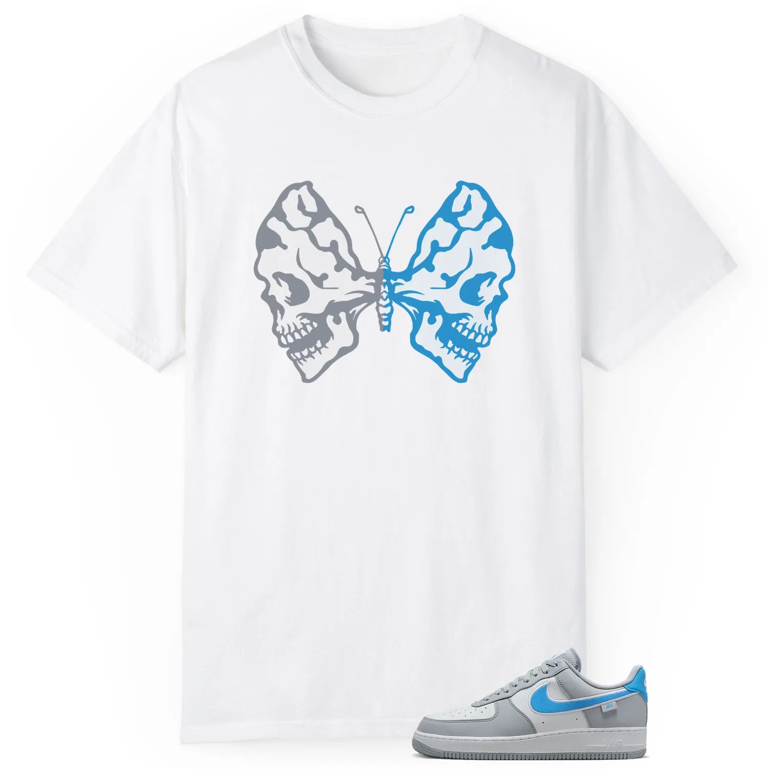 Butterfly Skulls Shirt for Air Force 1 Low '07 Next Nature Wolf Grey University Blue Fans HM0721-001 T-Shirt, Sneaker Match Tee