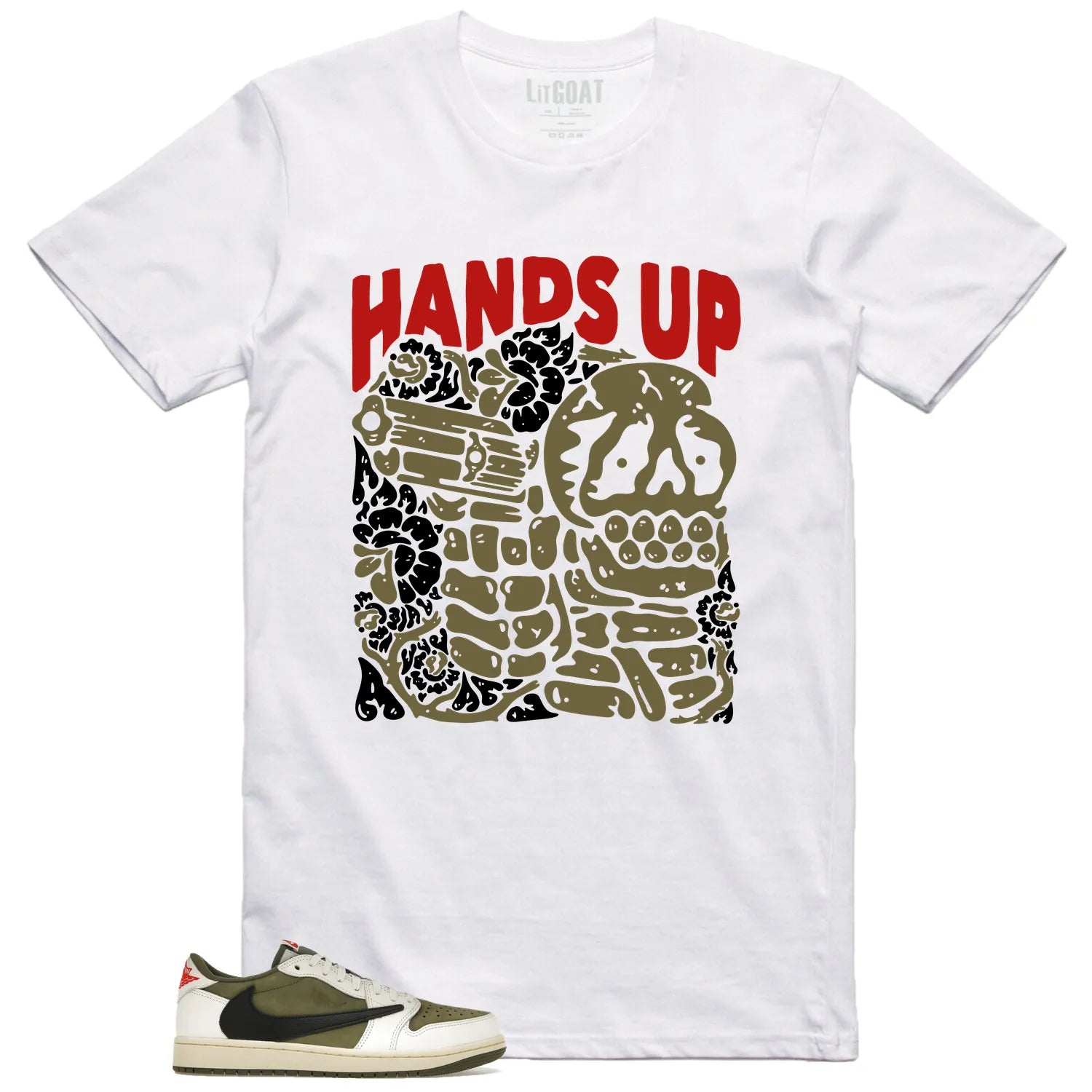 Hands Up  Jordan 1 Low x Travis Scott Medium Olive Matching Shirt DM7866-200 T-Shirt, Sneaker Match Tee
