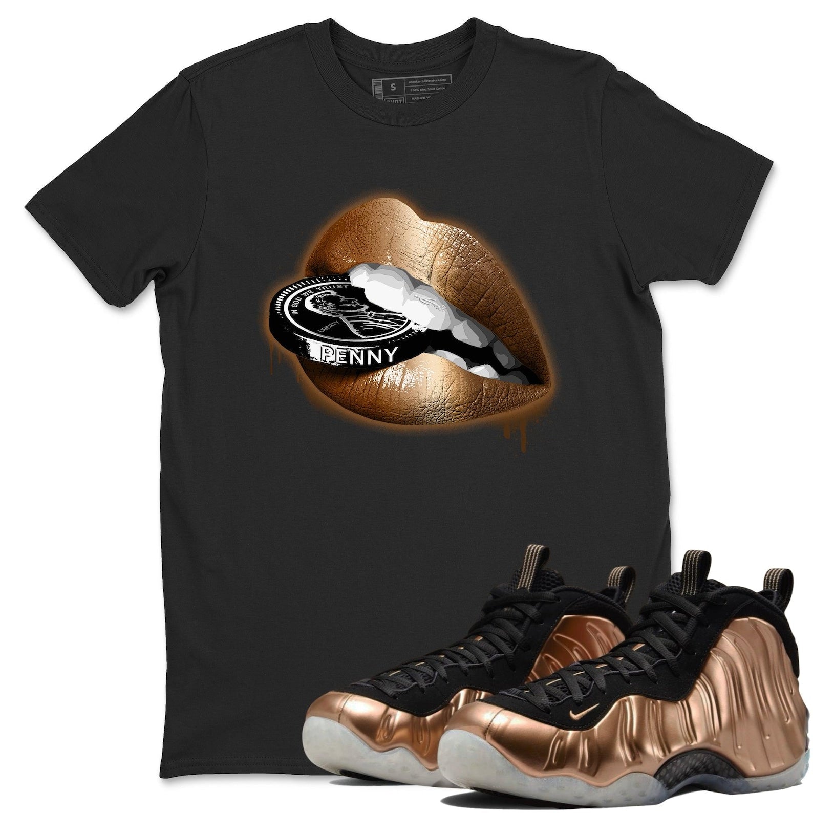 Lips Coin T-Shirts To Match Jordans Streetwear Air Foamposite One Metallic Copper, FZ9902-001 T-Shirt, Sneaker Match Tee
