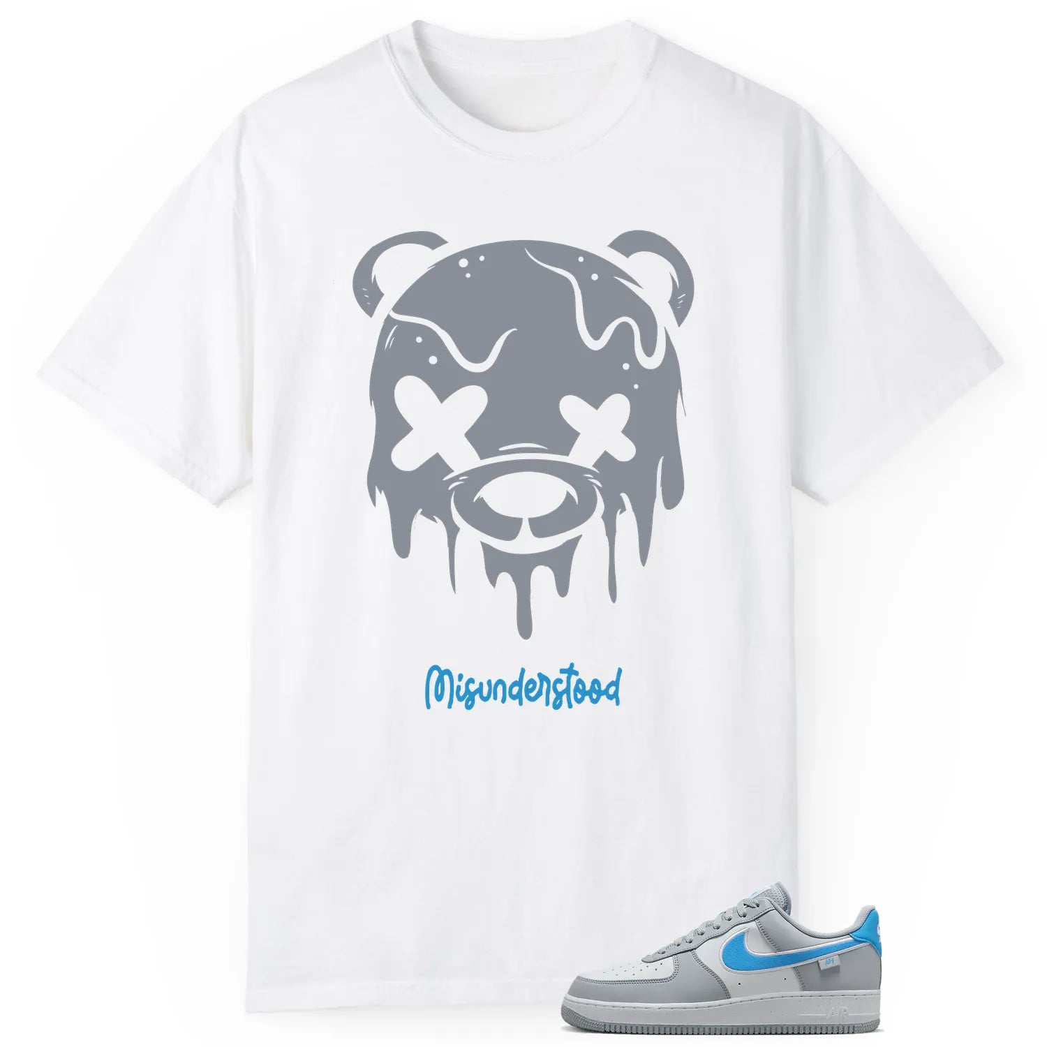 Air Force 1 Low Grey University Blue Matching Tee Drippy Bear Graphic HM0721-001 T-Shirt, Sneaker Match Tee