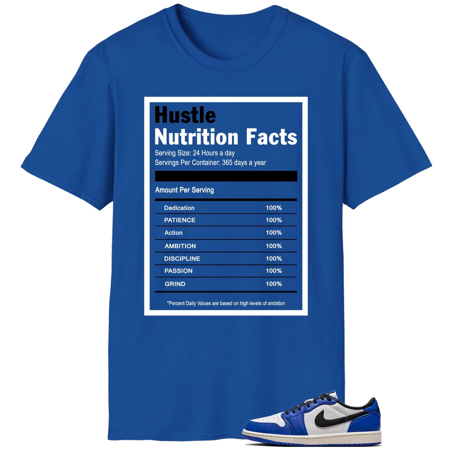 Hustle Facts: Motivational Graphic for Air Jordan 1 Low Game Royal CZ0790-140 T-Shirt, Sneaker Match Tee