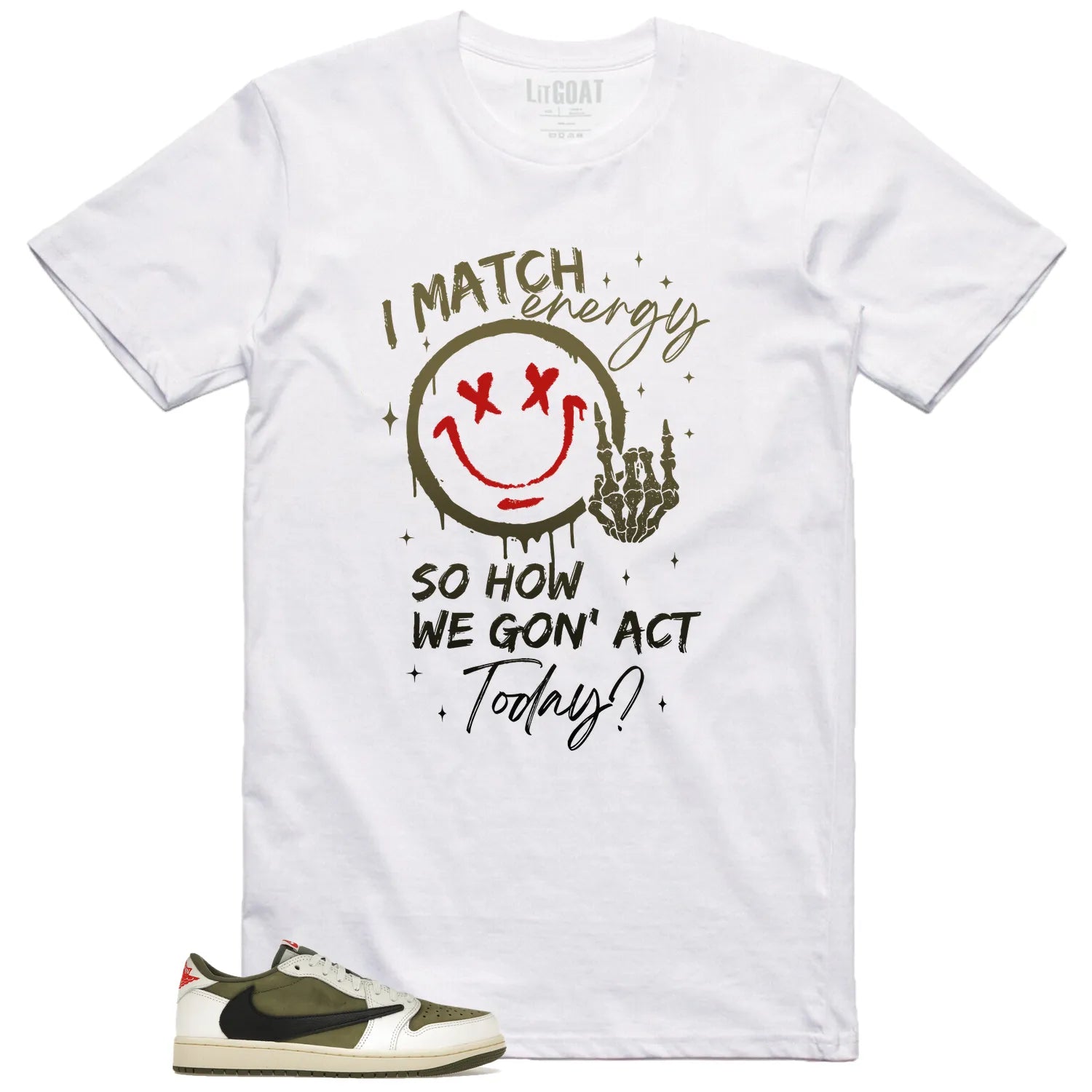 Jordan 1 Low x Travis Scott Medium Olive Matching Tee Shirt  Match Energy DM7866-200 T-Shirt, Sneaker Match Tee