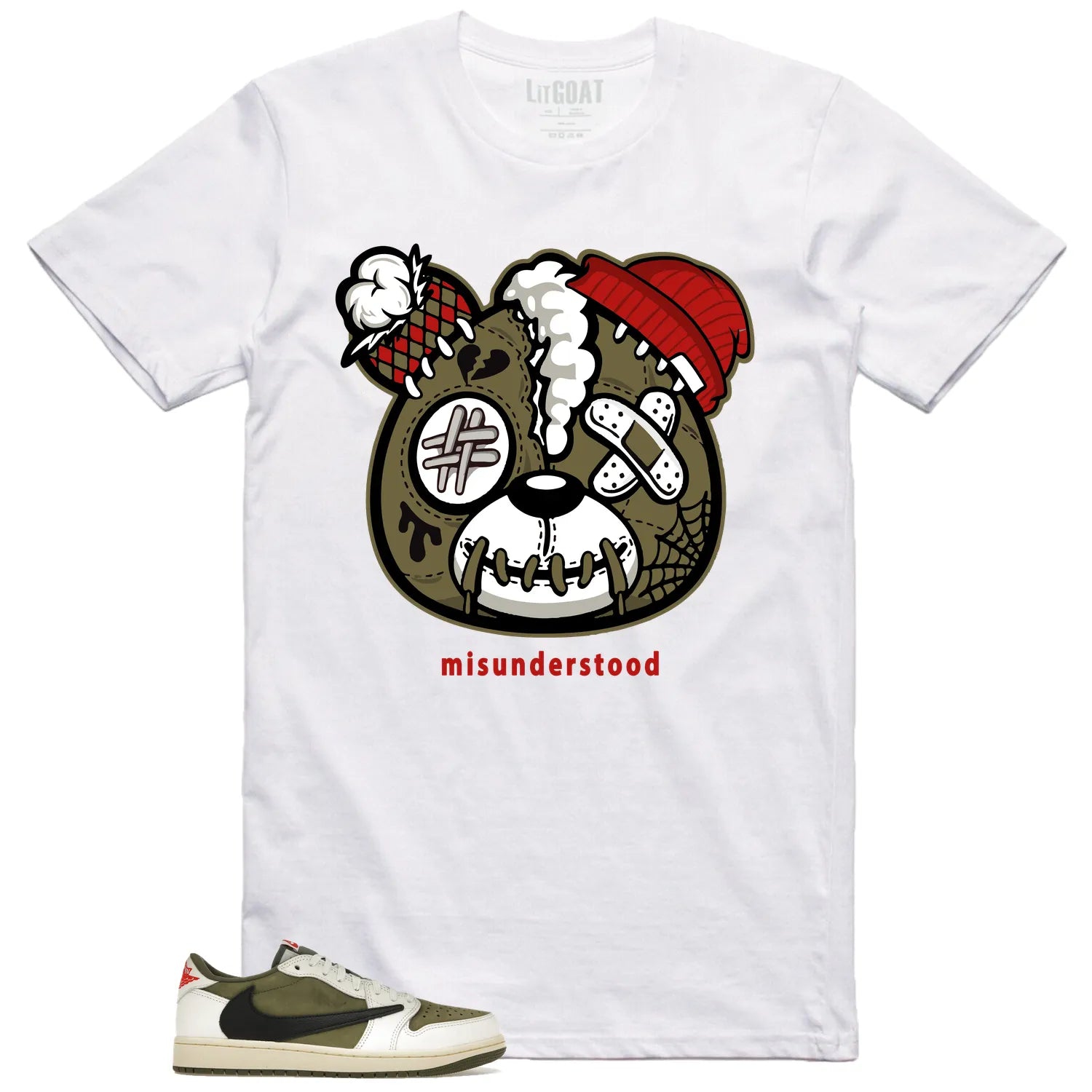 Jordan 1 Low x Travis Scott Medium Olive Sneaker Matching Tee  Teddy Bear DM7866-200 T-Shirt, Sneaker Match Tee
