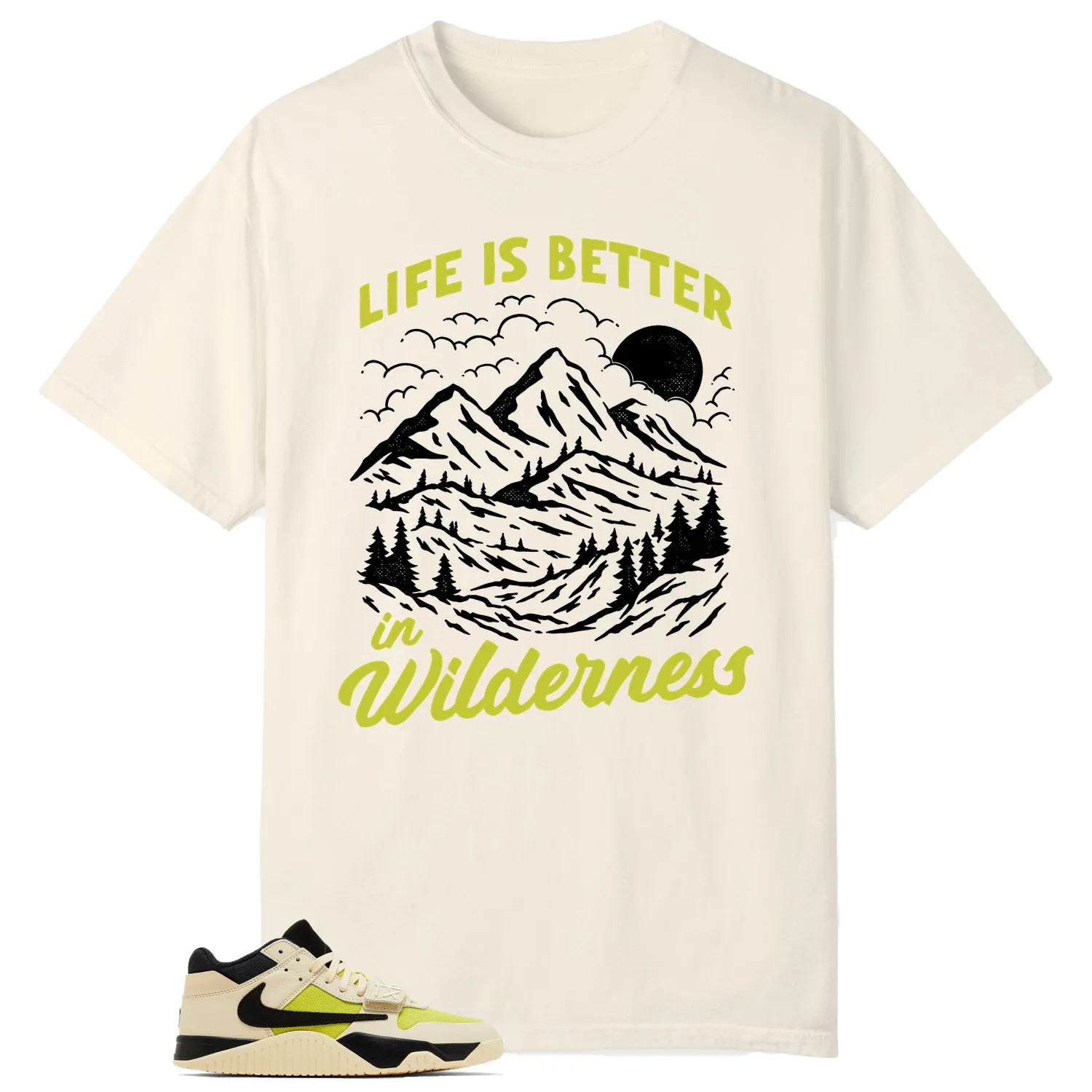 Wilderness Tee , Perfect with Jordan Jumpman x Travis Scott Bright Cactus FZ8117-102 T-Shirt, Sneaker Match Tee