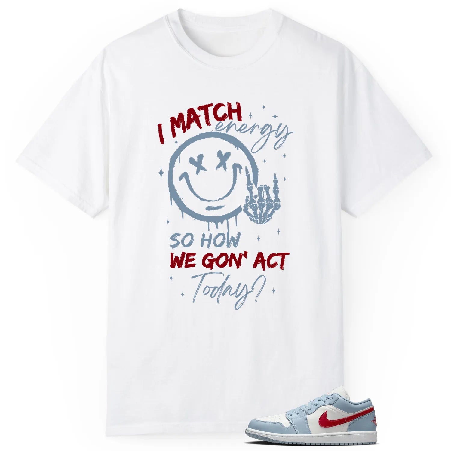 Jordan 1 Low Blue Whisper Dune Red Matching Tee Shirt , Match Energy DC0774-164 T-Shirt, Sneaker Match Tee
