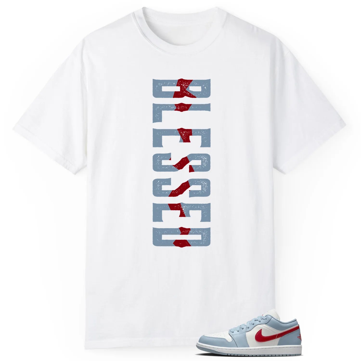 Blessed Tee , Jordan 1 Low Blue Whisper Dune Red Match DC0774-164 T-Shirt, Sneaker Match Tee
