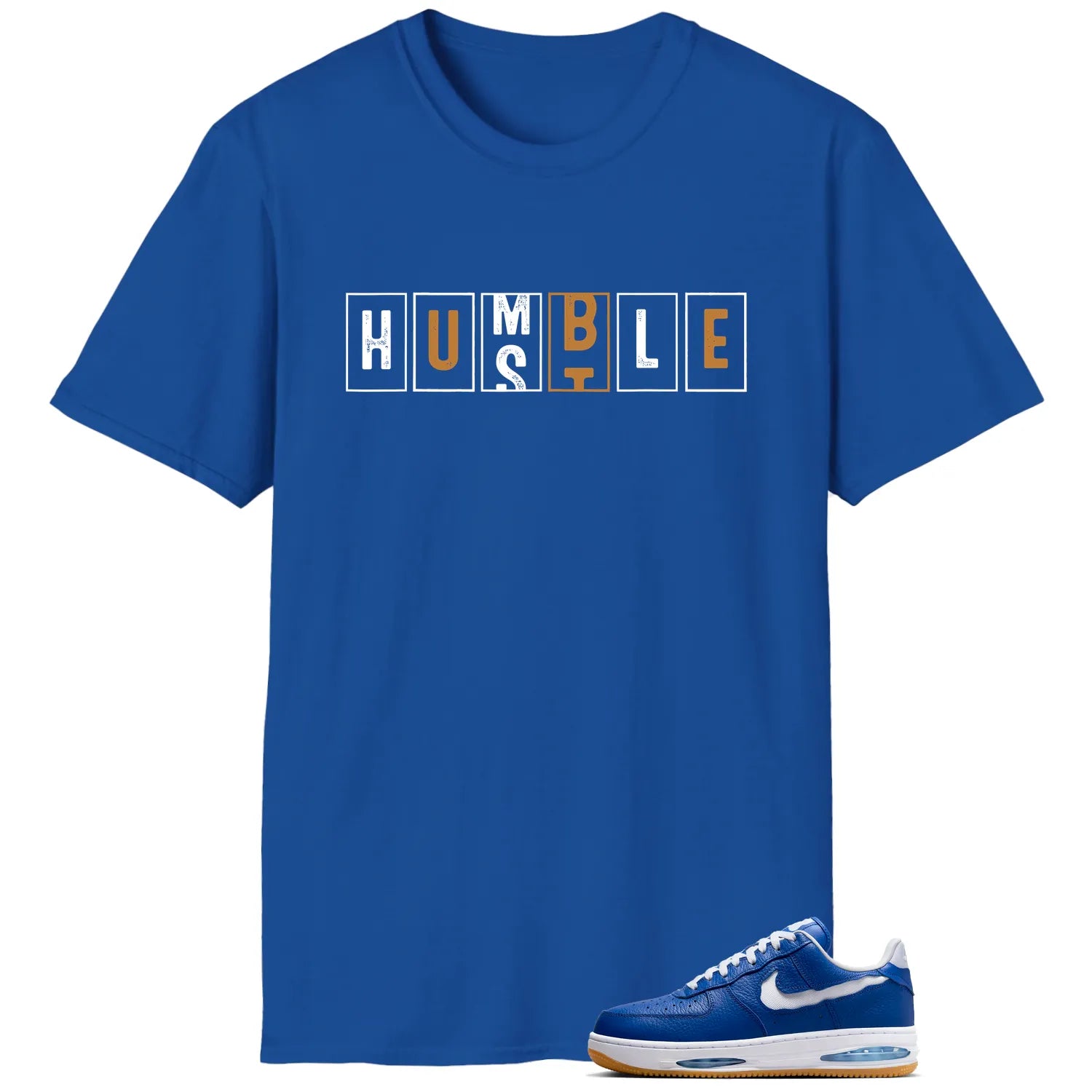Air Force 1 Low Evo Team Royal , Hustle Humble T-Shirt HF3630-400 T-Shirt, Sneaker Match Tee