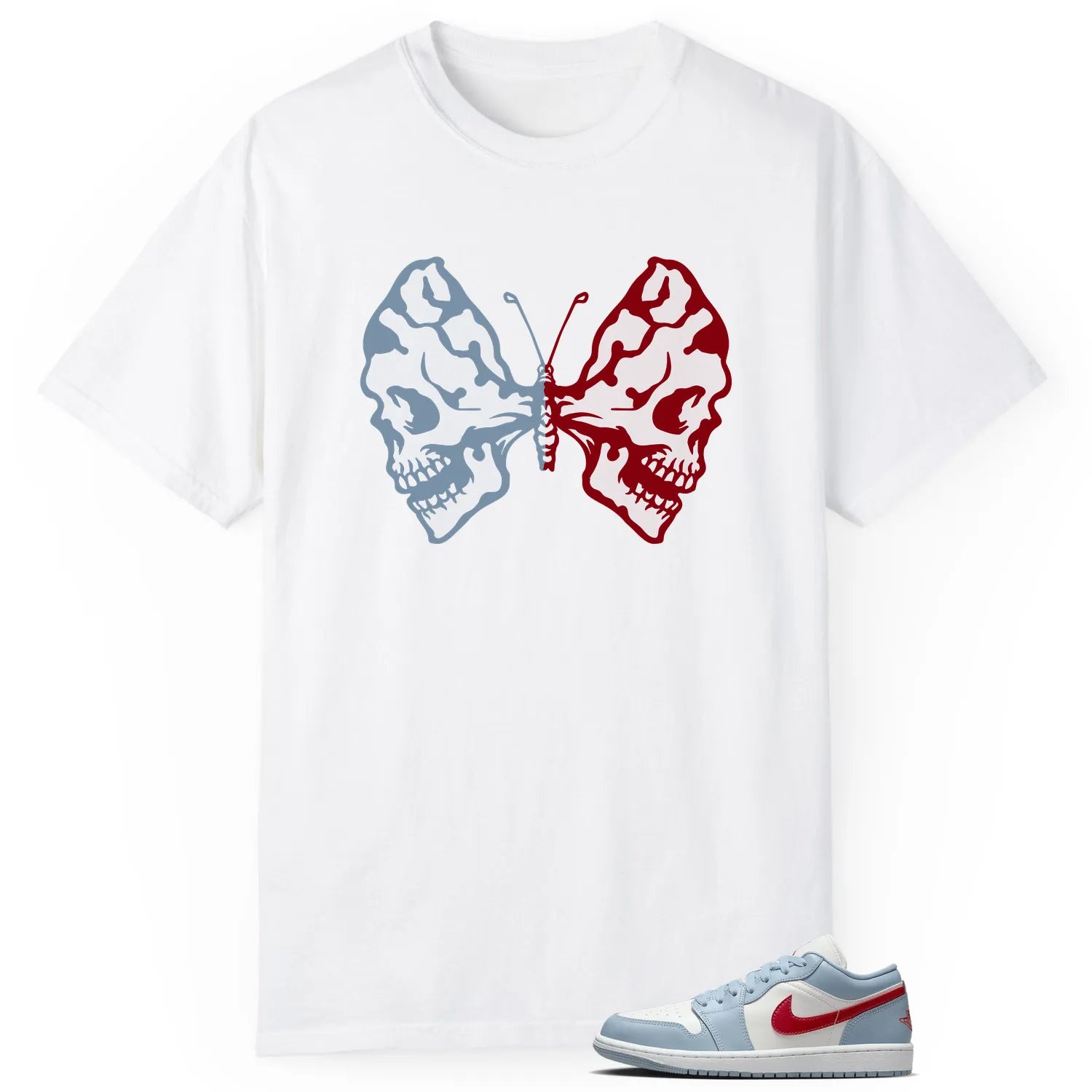 Butterfly Skulls Shirt for Jordan 1 Low Blue Whisper Dune Red Fans DC0774-164 T-Shirt, Sneaker Match Tee