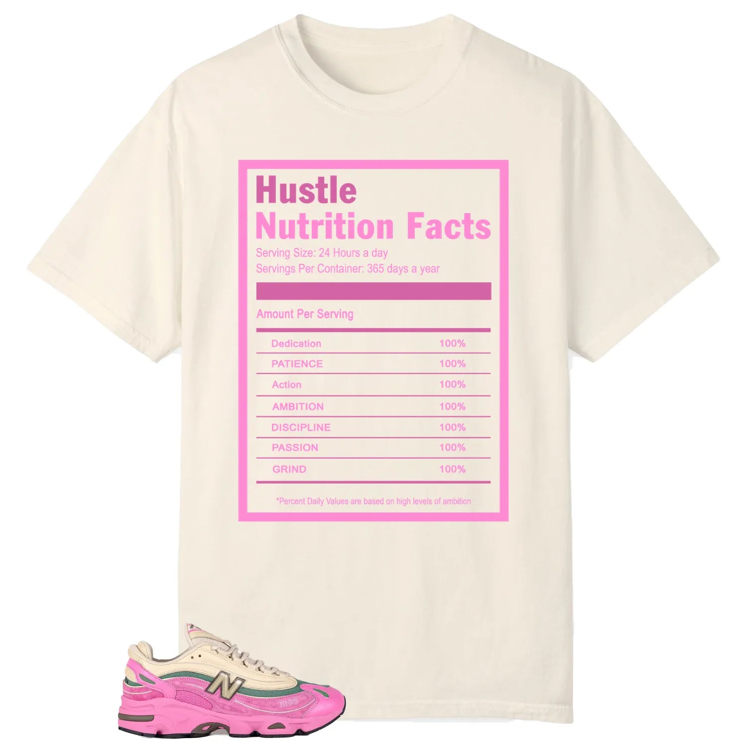 Hustle Facts: Motivational Graphic for New Balance 1000 Tan Pink M1000MC T-Shirt, Sneaker Match Tee
