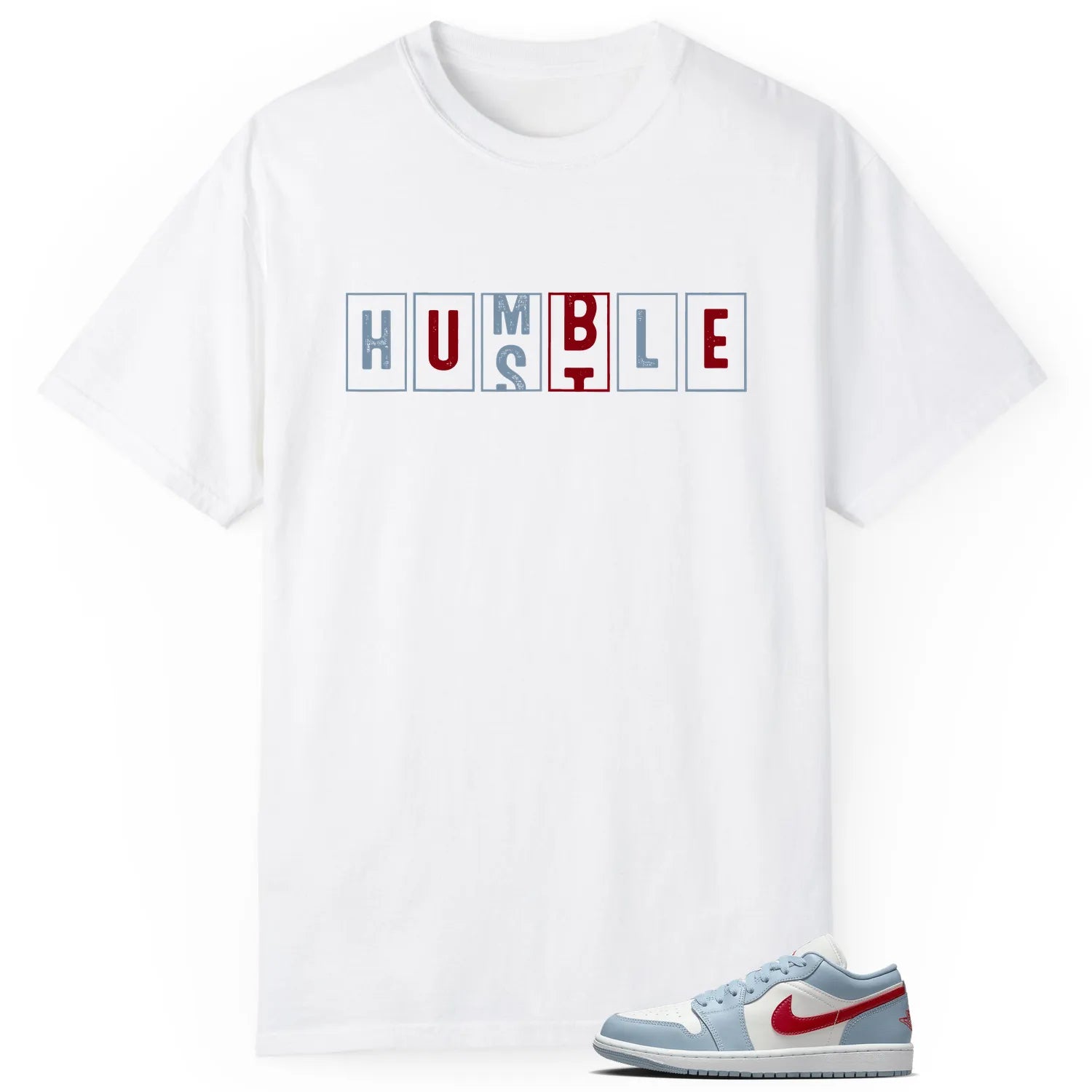 Jordan 1 Low Blue Whisper Dune Red , Hustle Humble T-Shirt DC0774-164 T-Shirt, Sneaker Match Tee