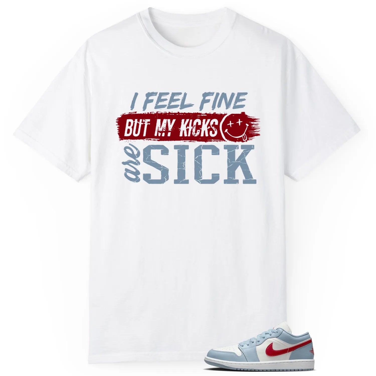 Jordan 1 Low Blue Whisper Dune Red Match: Sick Kicks Shirt DC0774-164 T-Shirt, Sneaker Match Tee