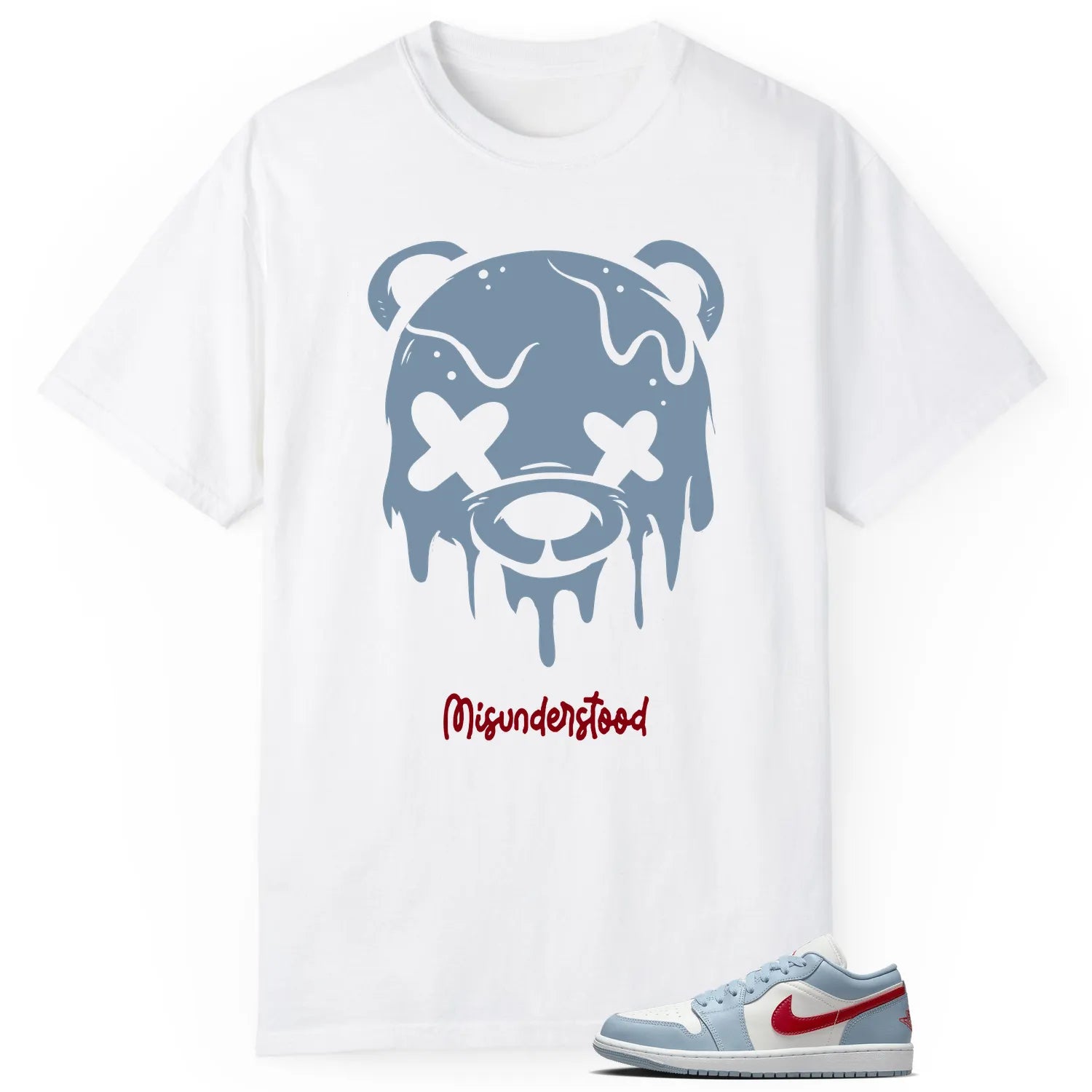 Jordan 1 Low Blue Whisper Dune Red Matching Tee , Drippy Bear Graphic DC0774-164 T-Shirt, Sneaker Match Tee