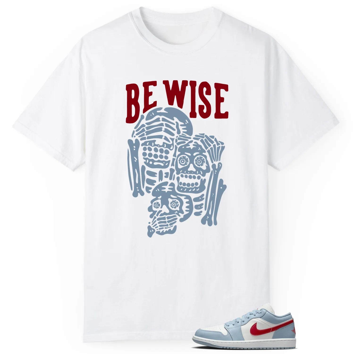 Jordan 1 Low Blue Whisper Dune Red ‘Be Wise’ Matching Shirt DC0774-164 T-Shirt, Sneaker Match Tee