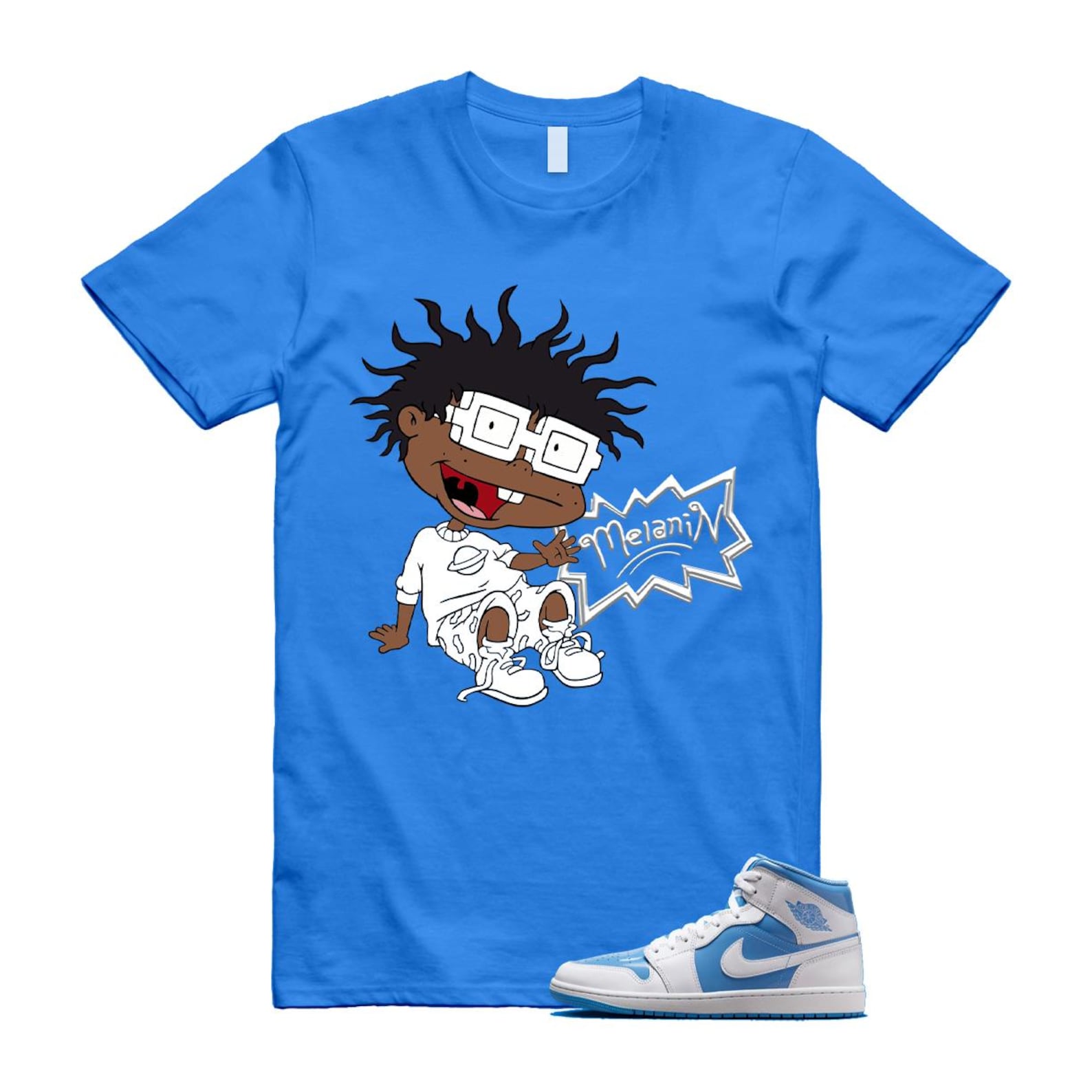 1 Legend Blue White Mid T Shirt Match MELANIN FZ2142-114 T-Shirt, Sneaker Match Tee