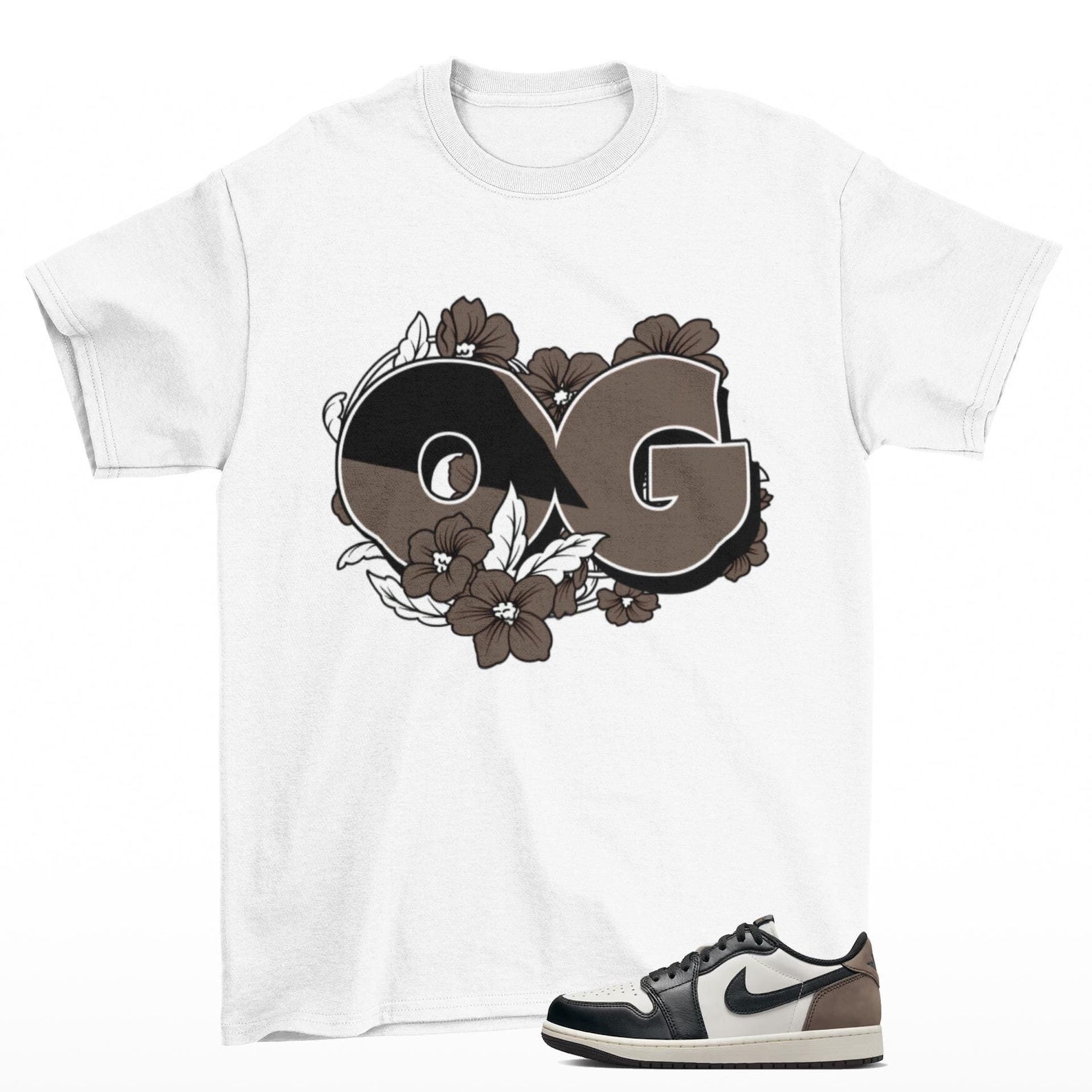 Sneaker OG Floral Jordan 1 Low Mocha Sneaker Matching T Shirt White, CZ0790-102 T-Shirt, Sneaker Match Tee