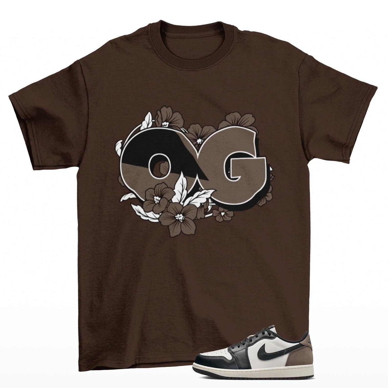 Sneaker OG Floral Jordan 1 Low Mocha Sneaker Matching T-Shirt Brown, CZ0790-102 T-Shirt, Sneaker Match Tee