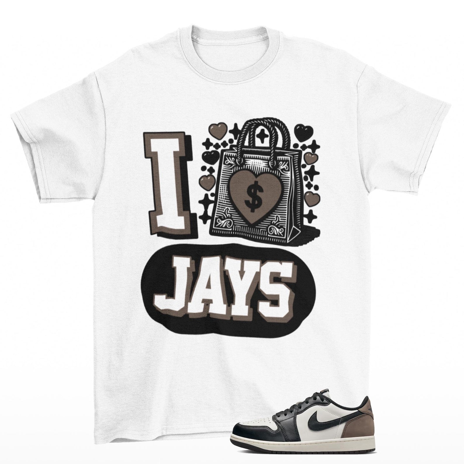 Splurge Jordan 1 Low Mocha Sneaker Matching T Shirt White, CZ0790-102 T-Shirt, Sneaker Match Tee