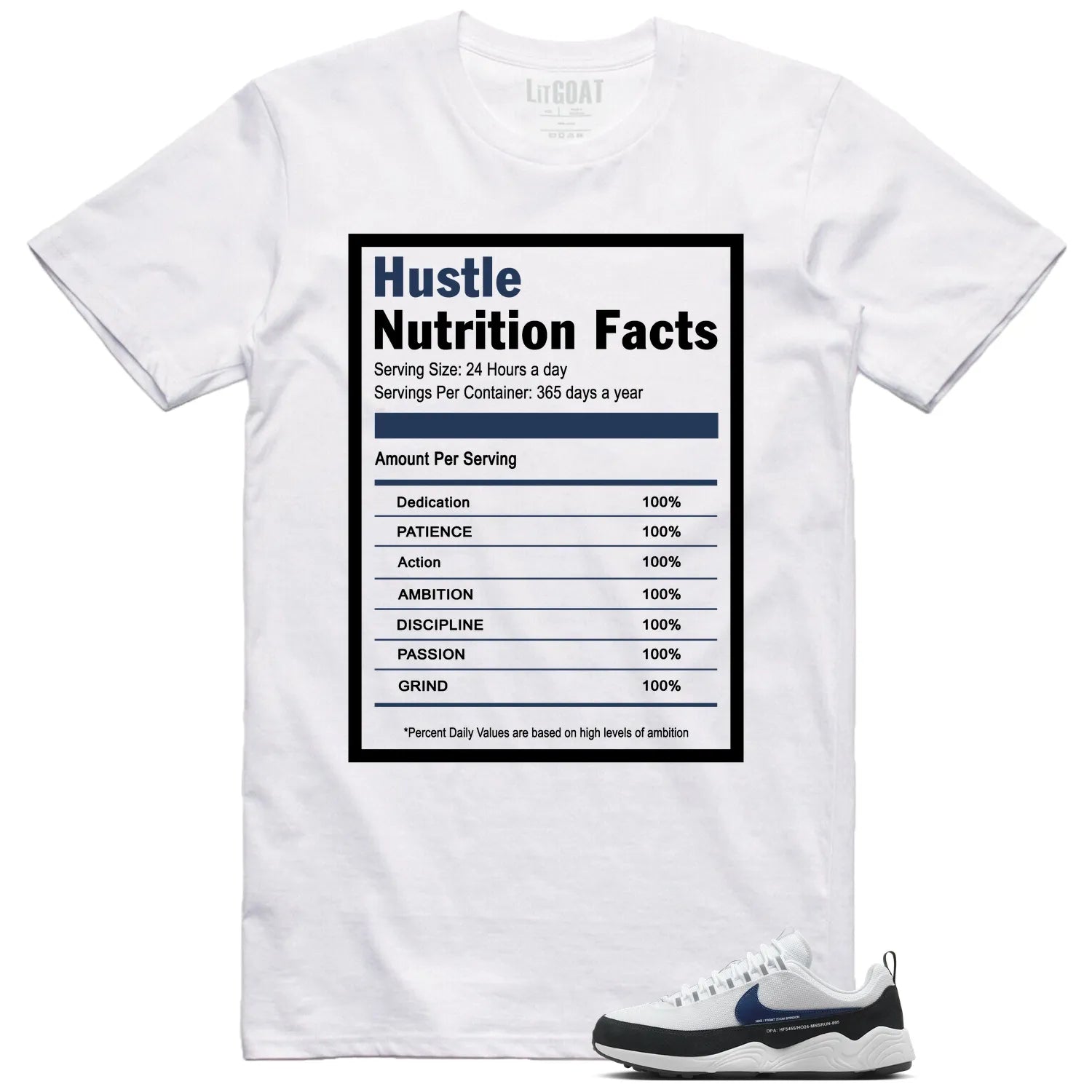 Hustle Facts: Motivational Graphic for Air Zoom Spiridon Fragment Blue Void HF5455-100 T-Shirt, Sneaker Match Tee