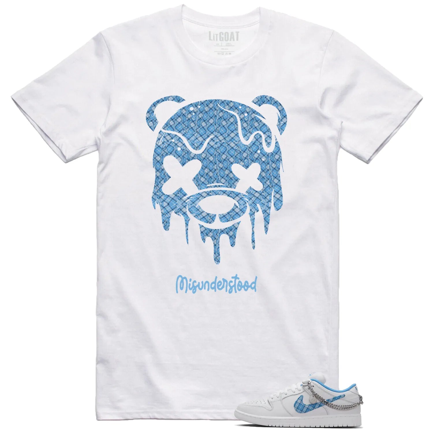 SB Dunk Low Pro x Nicole Hause White University Blue Matching Tee , Drippy Bear Graphic FZ8802-100 T-Shirt, Sneaker Match Tee