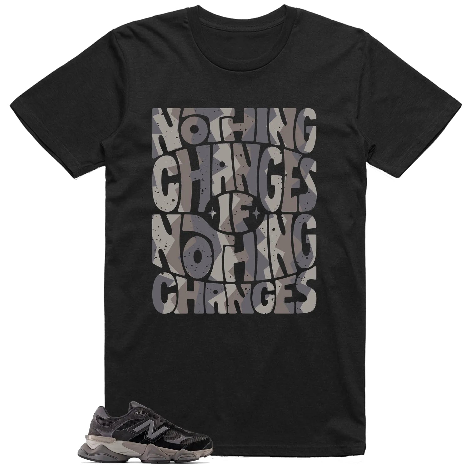 New Balance 9060 Black Castlerock Grey Style: Nothing Changes Tee U9060BLK T-Shirt, Sneaker Match Tee