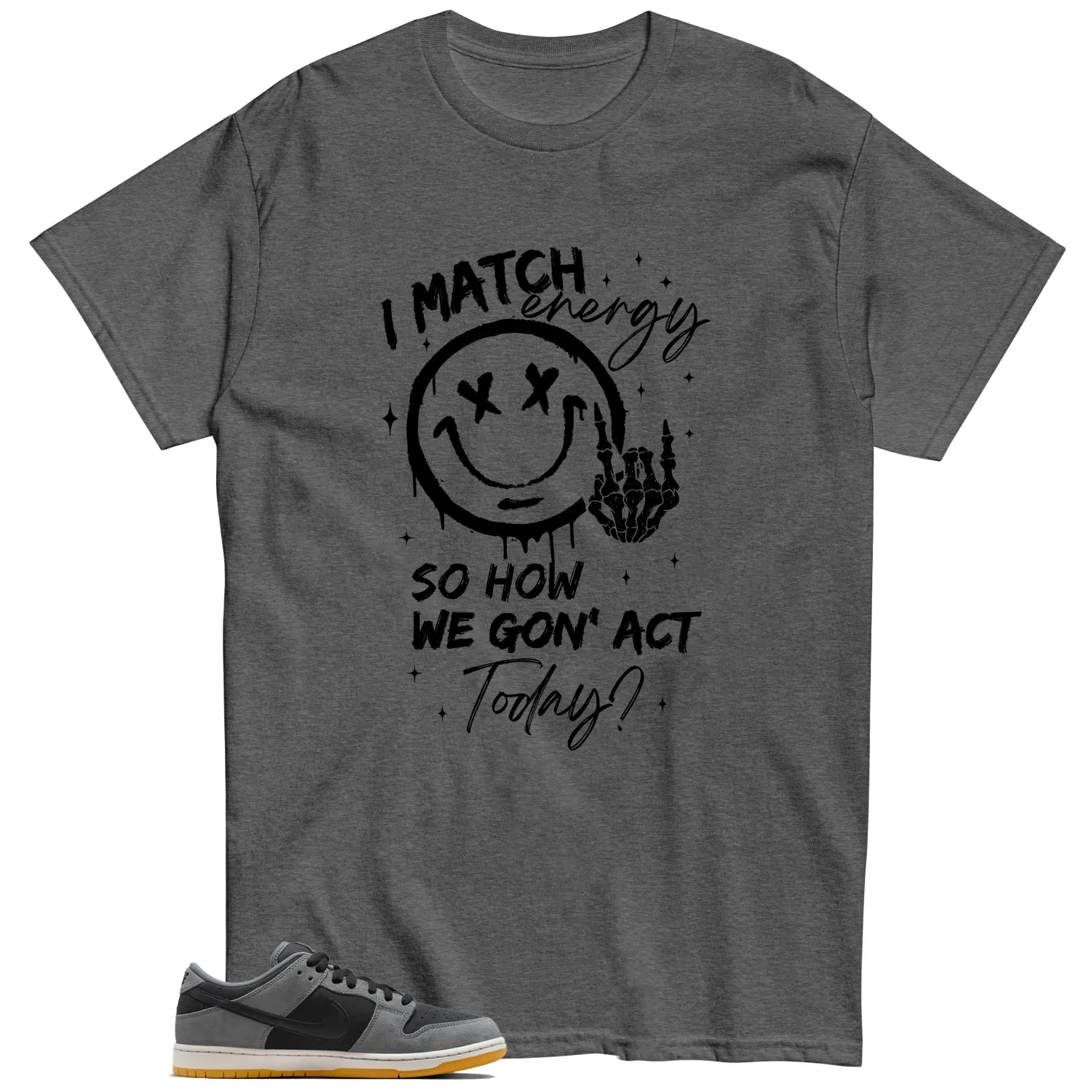 SB Dunk Low Dark Smoke Grey Matching Tee Shirt , Match Energy HF3063-001 T-Shirt, Sneaker Match Tee