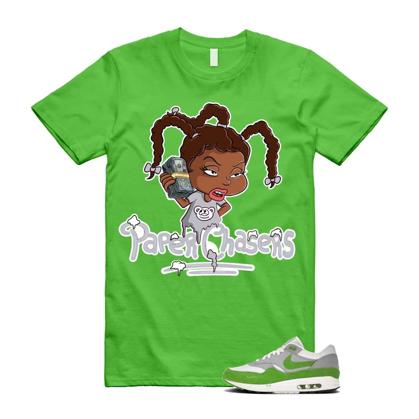 Air Max 1 Chlorophyll Green Patta 20th Anniversary Matte Silver Grey White T Shirt Match PC HF1012-300 T-Shirt, Sneaker Match Tee