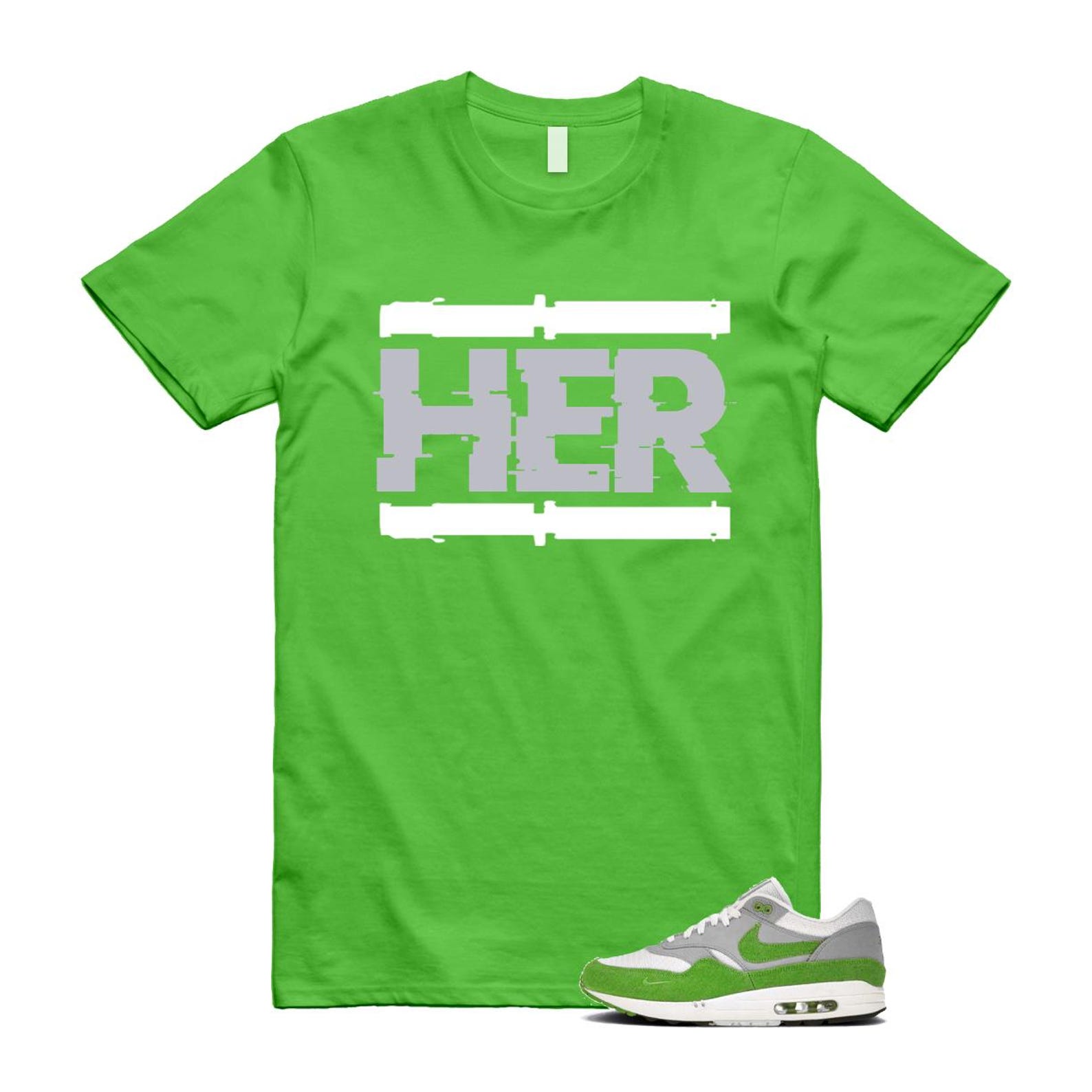 Air Max 1 Chlorophyll Green Patta 20th Anniversary Matte Silver Grey White T Shirt Match HER HF1012-300 T-Shirt, Sneaker Match Tee