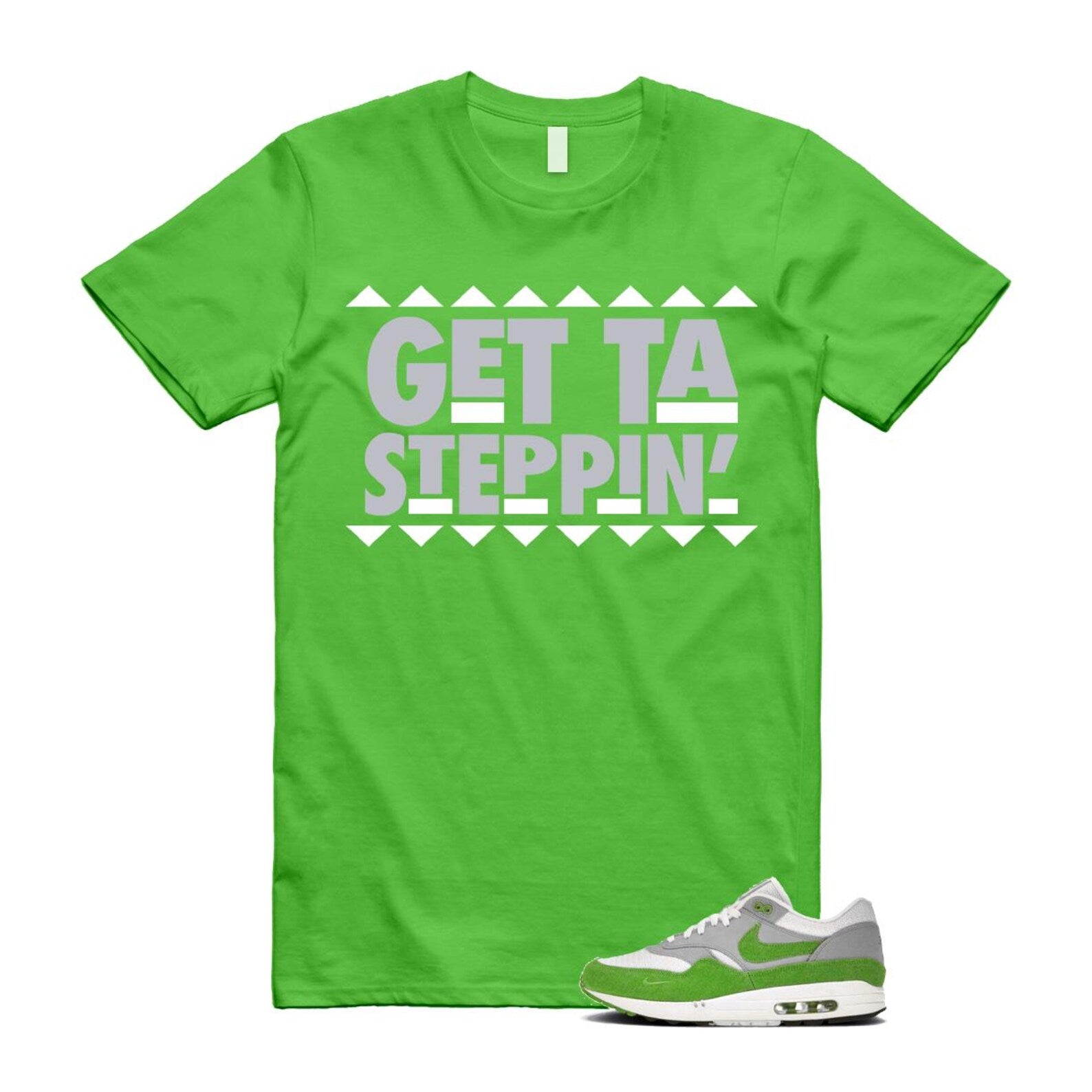 Air Max 1 Chlorophyll Green Patta 20th Anniversary Matte Silver Grey White T Shirt Match GET HF1012-300 T-Shirt, Sneaker Match Tee