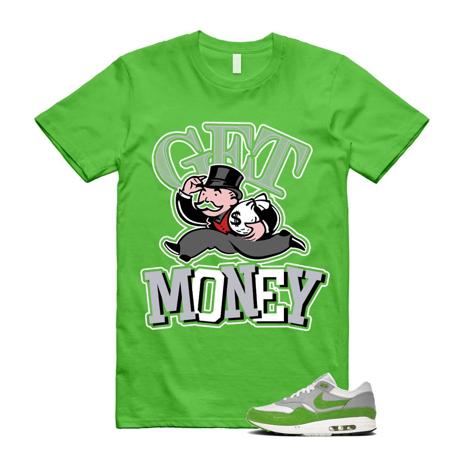 Air Max 1 Chlorophyll Green Patta 20th Anniversary Matte Silver Grey White T Shirt Match GM HF1012-300 T-Shirt, Sneaker Match Tee