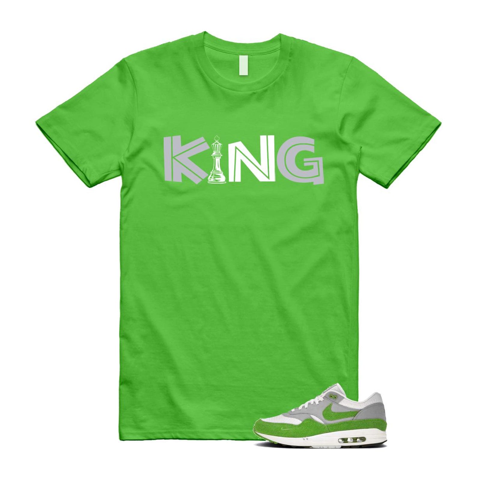Air Max 1 Chlorophyll Green Patta 20th Anniversary Matte Silver Grey White T Shirt Match KING HF1012-300 T-Shirt, Sneaker Match Tee