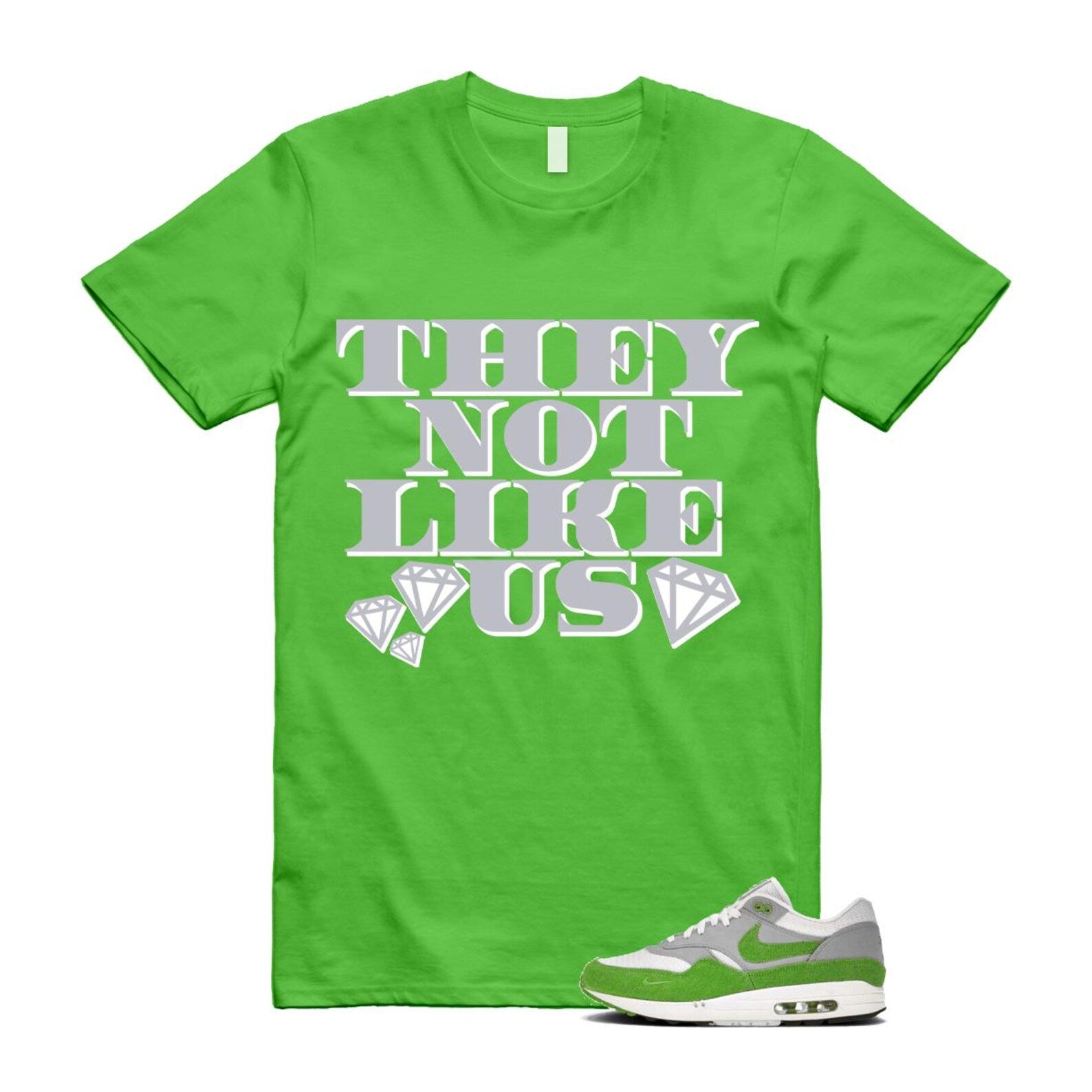 Air Max 1 Chlorophyll Green Patta 20th Anniversary Matte Silver Grey White T Shirt Match US2 HF1012-300 T-Shirt, Sneaker Match Tee