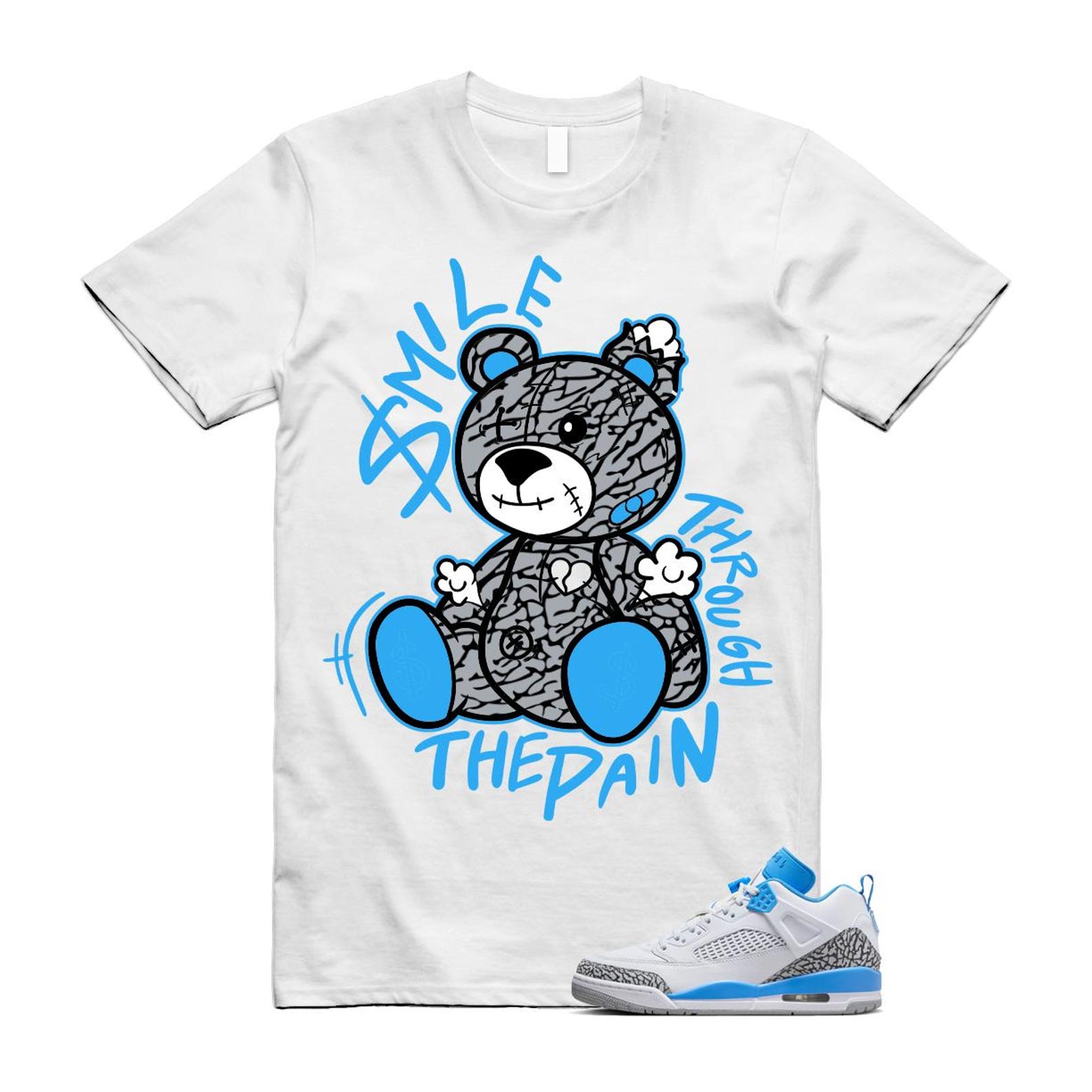 Spizike UNC University Blue White Wolf Grey Anthracite Low T Shirt Match Smile Through The Pain FQ1759-141 T-Shirt, Sneaker Match Tee