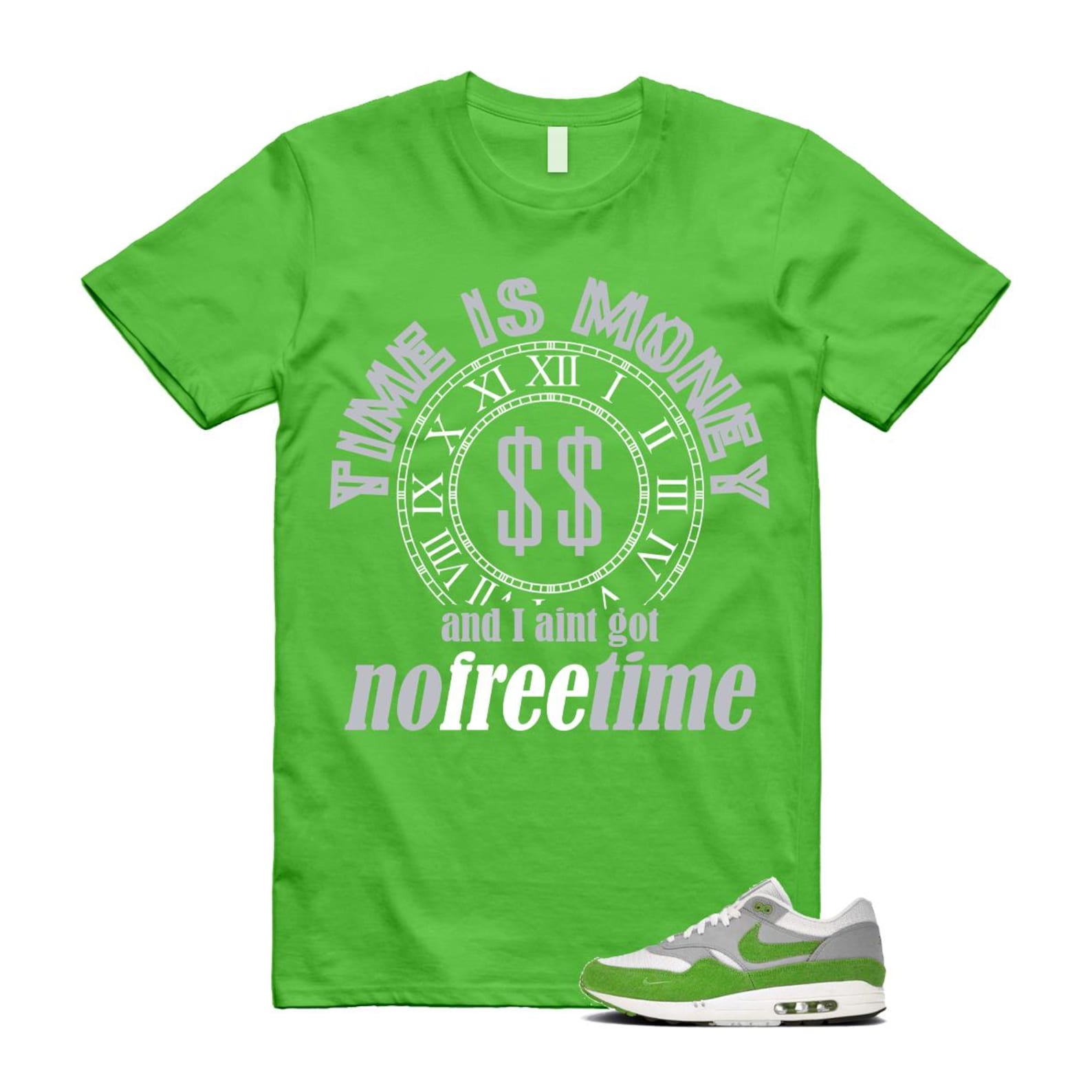 Air Max 1 Chlorophyll Green Patta 20th Anniversary Matte Silver Grey White T Shirt Match FREE TIME HF1012-300 T-Shirt, Sneaker Match Tee