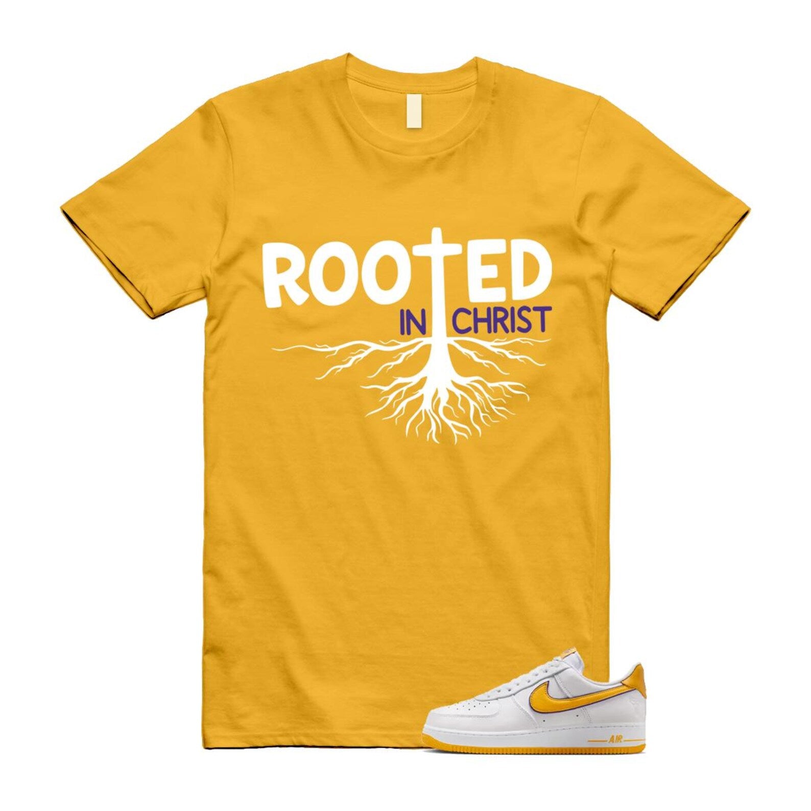 Air Force 1 Lakers Home White Varsity Maize Yellow Gold Purple T Shirt Match ROOTED FZ1151-100 T-Shirt, Sneaker Match Tee