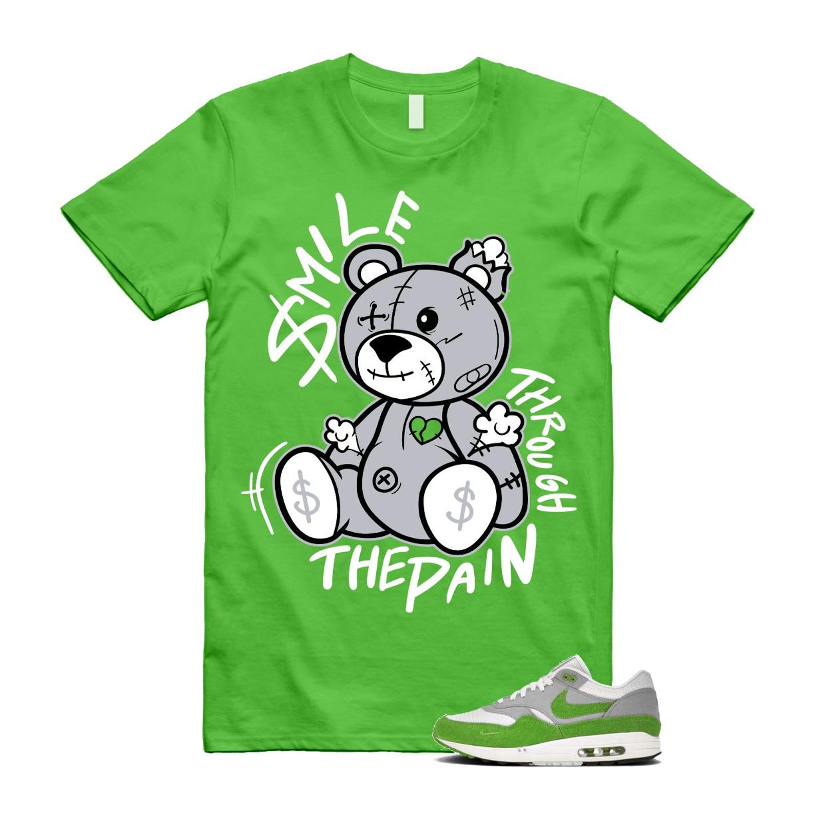 Air Max 1 Chlorophyll Green Patta 20th Anniversary Matte Silver Grey White T Shirt Match Smile Through The Pain HF1012-300 T-Shirt, Sneaker Match Tee